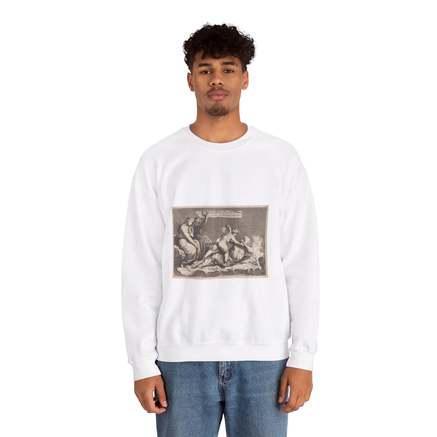 Cupid wrestling with Pan, amongst the clouds, with two allegorical women seated at left White Heavy Blend Adult Crew Neck SweatShirt