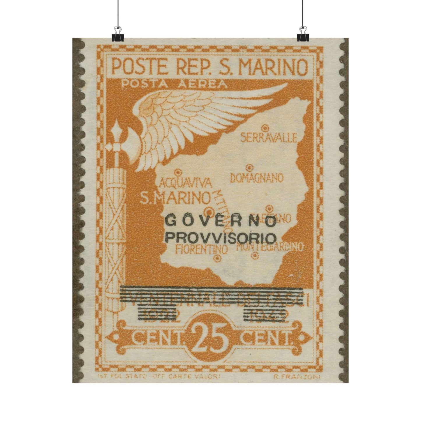 Frimärke ur Gösta Bodmans filatelistiska motivsamling, påbörjad 1950.Frimärke från San Marino, 1943. Motiv av karta över San Marino. Flygsymbol. "Minne av statskuppen 28 juli 1943". High Quality Matte Wall Art Poster for Home, Office, Classroom