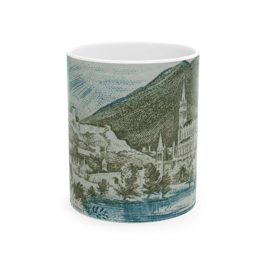 Frimärke ur Gösta Bodmans filatelistiska motivsamling, påbörjad 1950.Frimärke från Frankrike, 1954. Motiv av kyrkan vid Lourdes. "Undergörande vatten". Beautiful Novelty Ceramic Coffee Mug 11oz