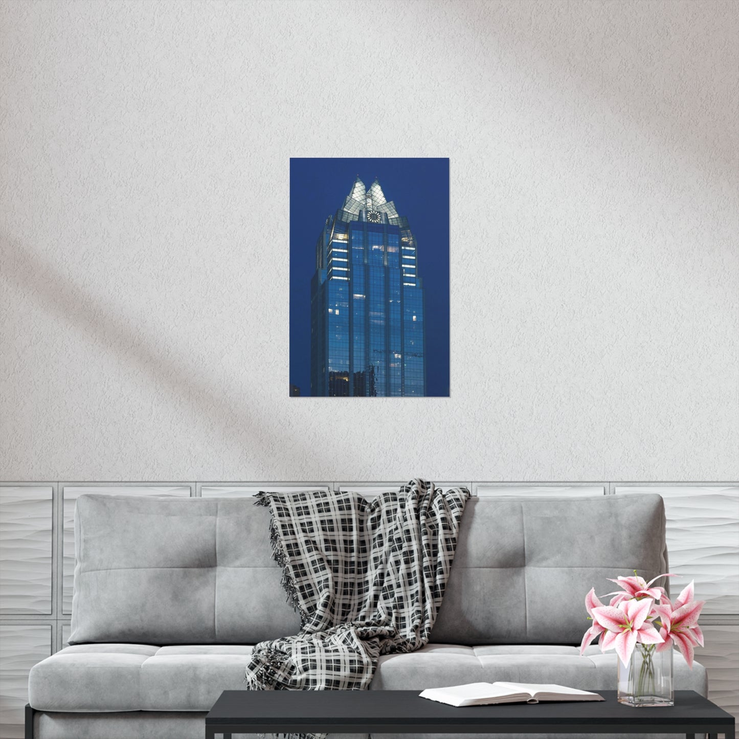 The upper reaches of Frost Bank Tower, a prominent Austin, Texas, skyscraper High Quality Matte Wall Art Poster for Home, Office, Classroom