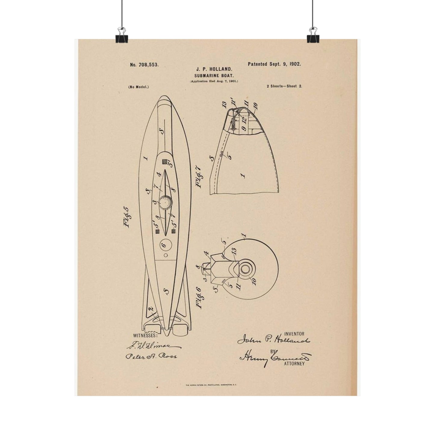 Patent drawing - Drawing for a Submarine Boat Public domain  image High Quality Matte Wall Art Poster for Home, Office, Classroom