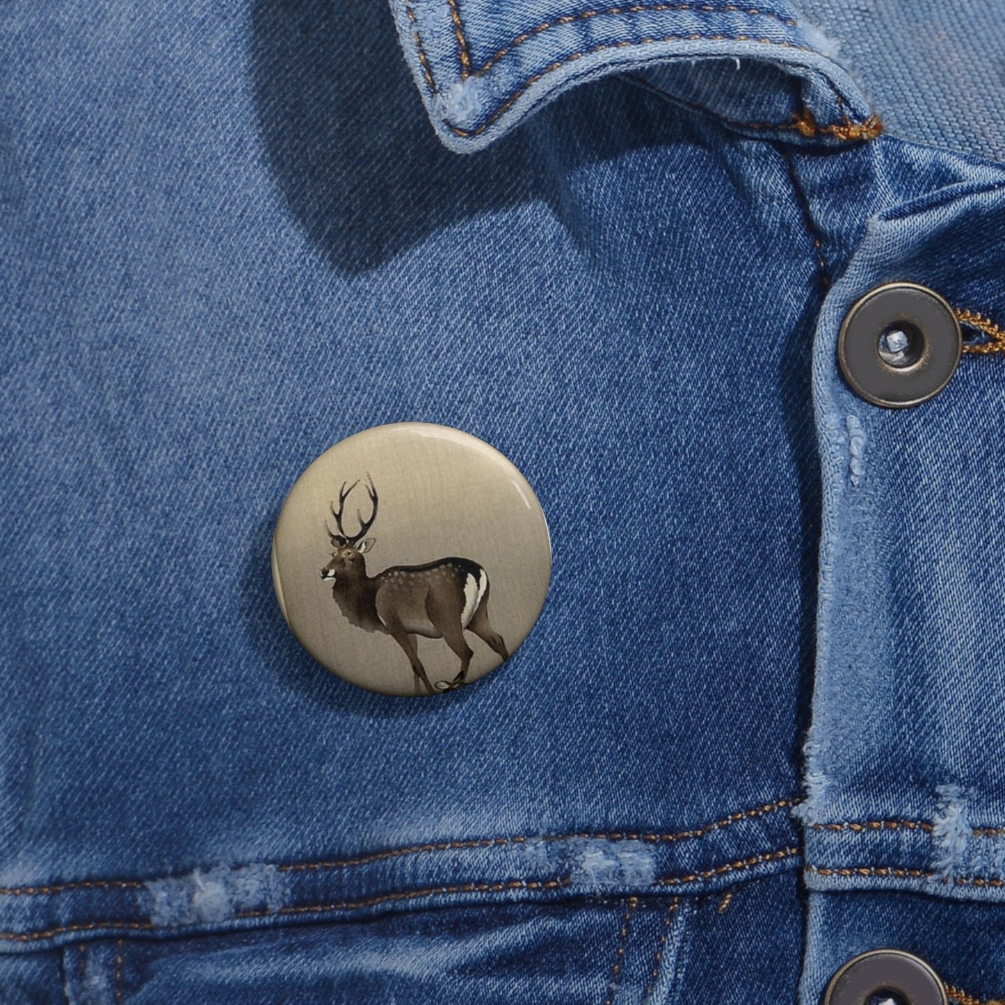 Koson - stag-and-recumbent-doe, Ohara Koson Pin Buttons with Crisp Design