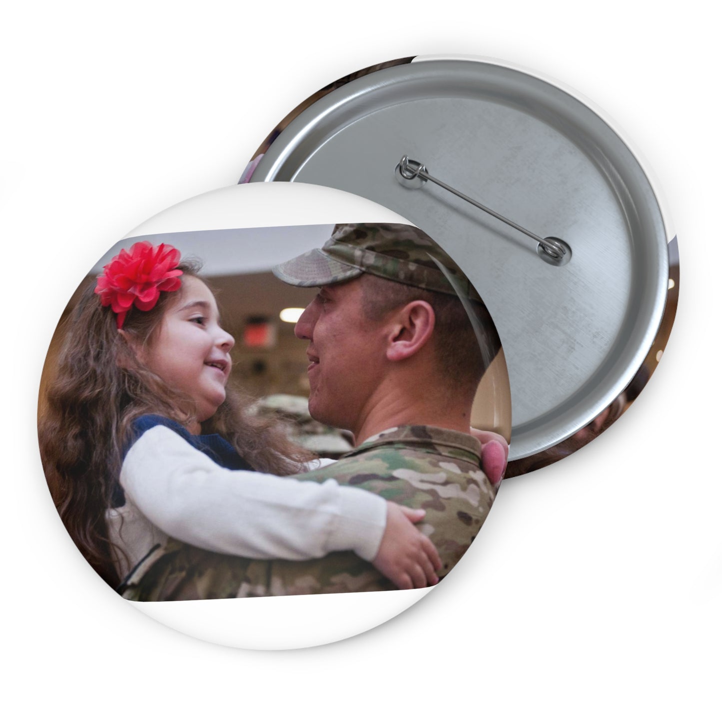 Olivia Settles greets her dad, 1st Lt. James Settles, Pin Buttons with Crisp Design