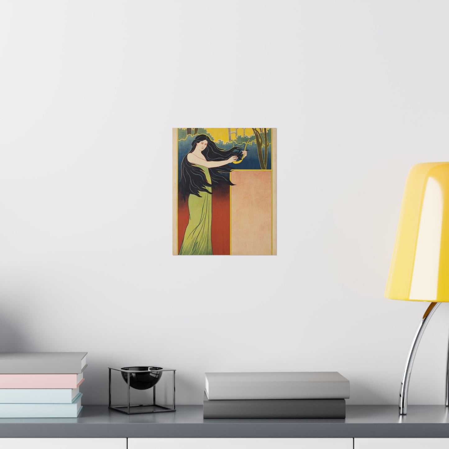 A painting of a woman with long black hair. Vintage art deco, beauty fashion. High Quality Matte Wall Art Poster for Home, Office, Classroom