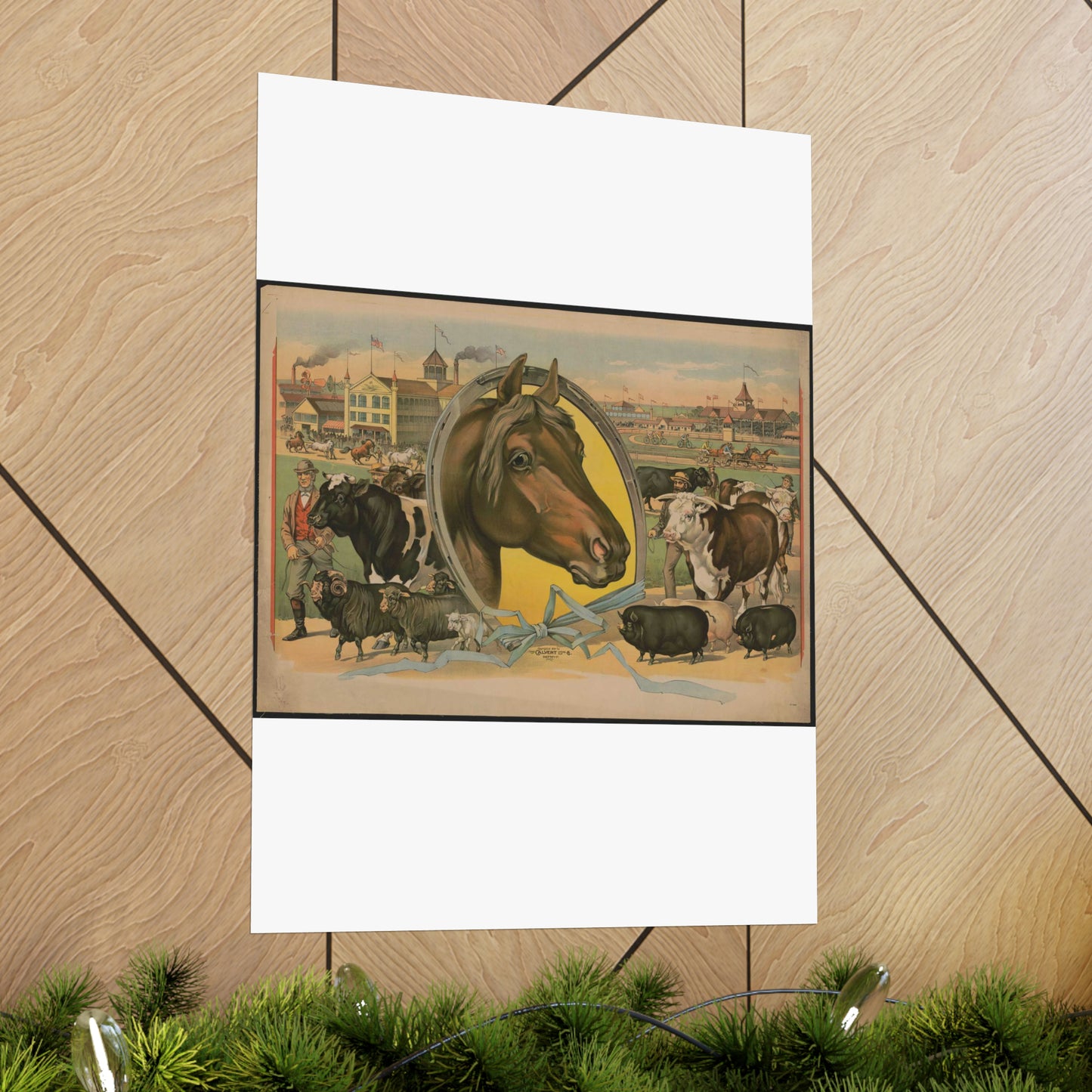 Horse framed by a horseshoe with fair buildings and a racetrack in the background High Quality Matte Wall Art Poster for Home, Office, Classroom