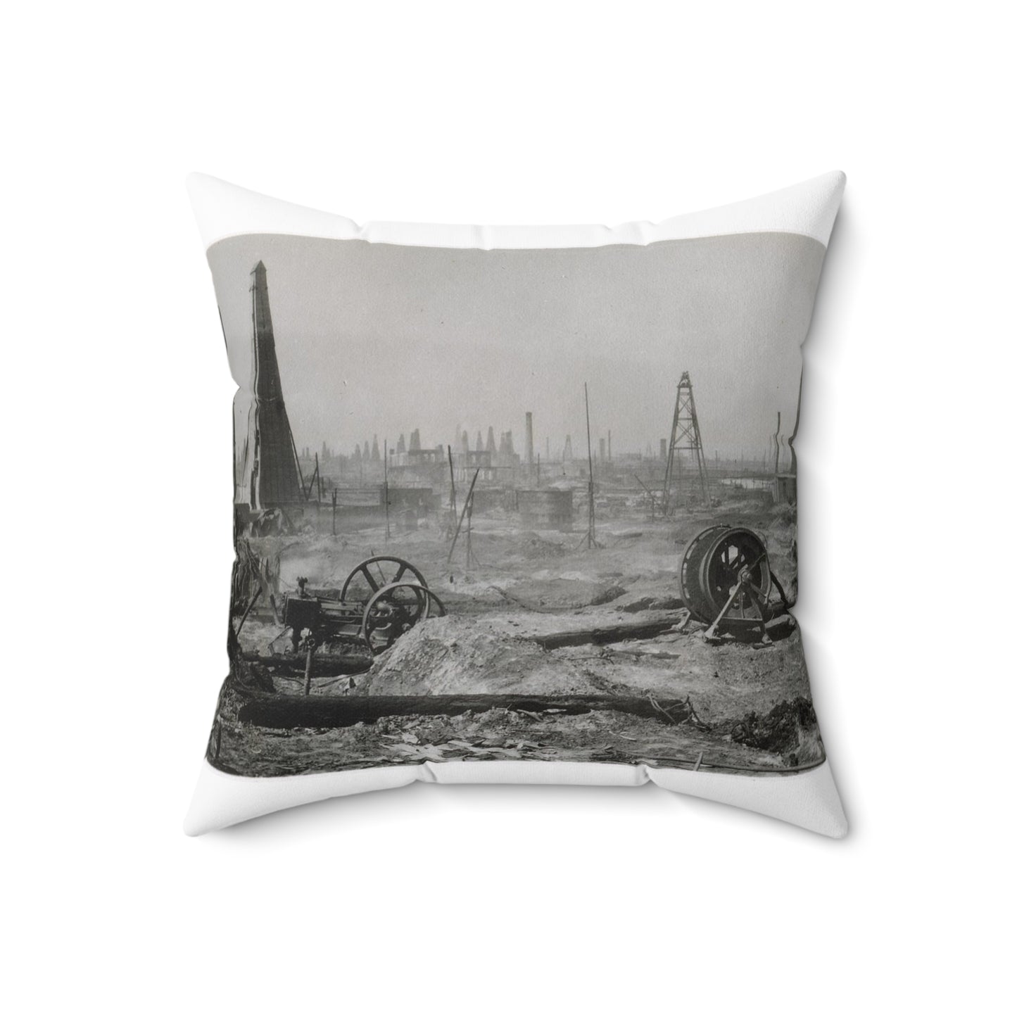 Baku. Oil production. - Drawing. Public domain image. Decorative Accent Square Pillow