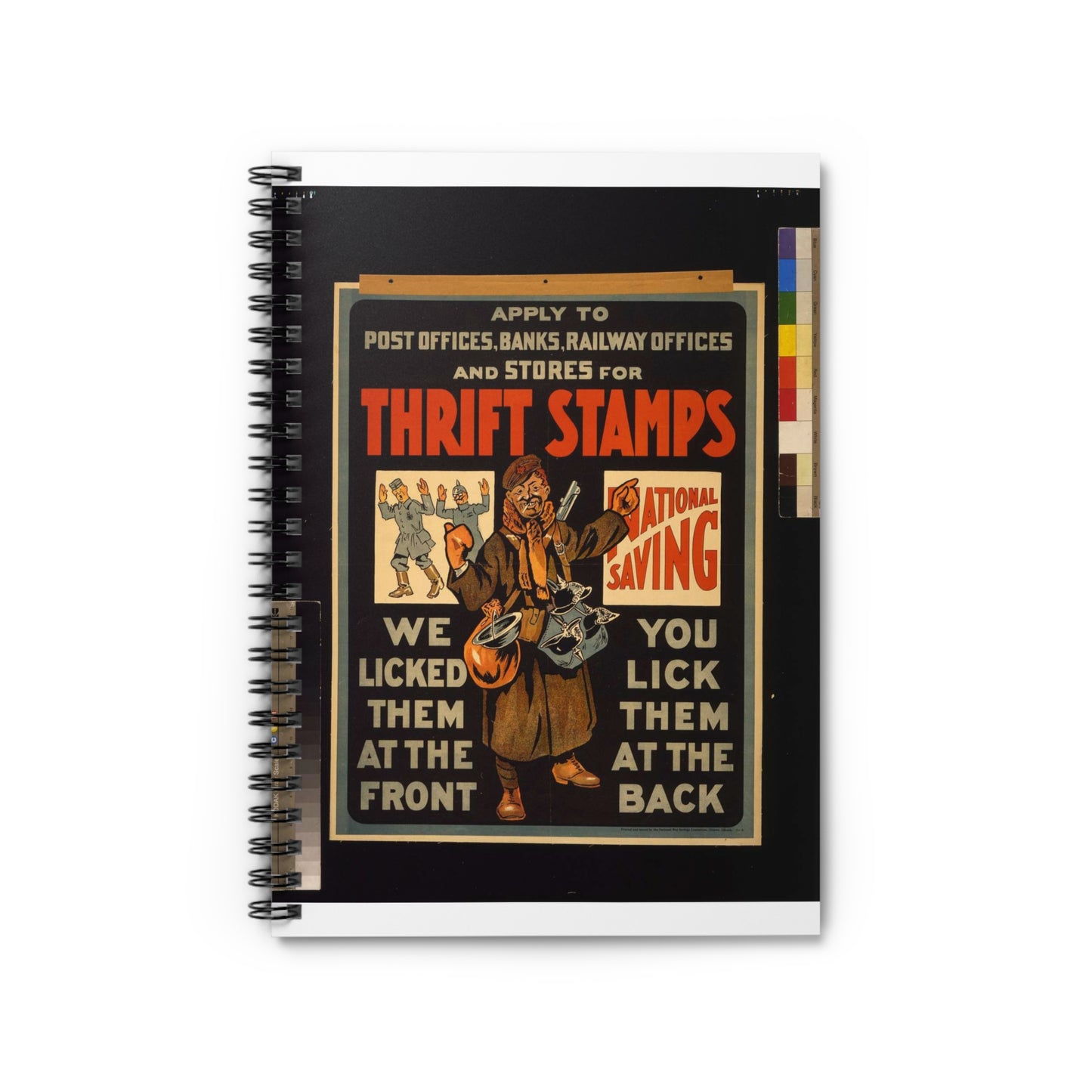 Thrift stamps. We licked them at the front, you lick them at the back Spiral Bound Ruled Notebook with Printed Cover