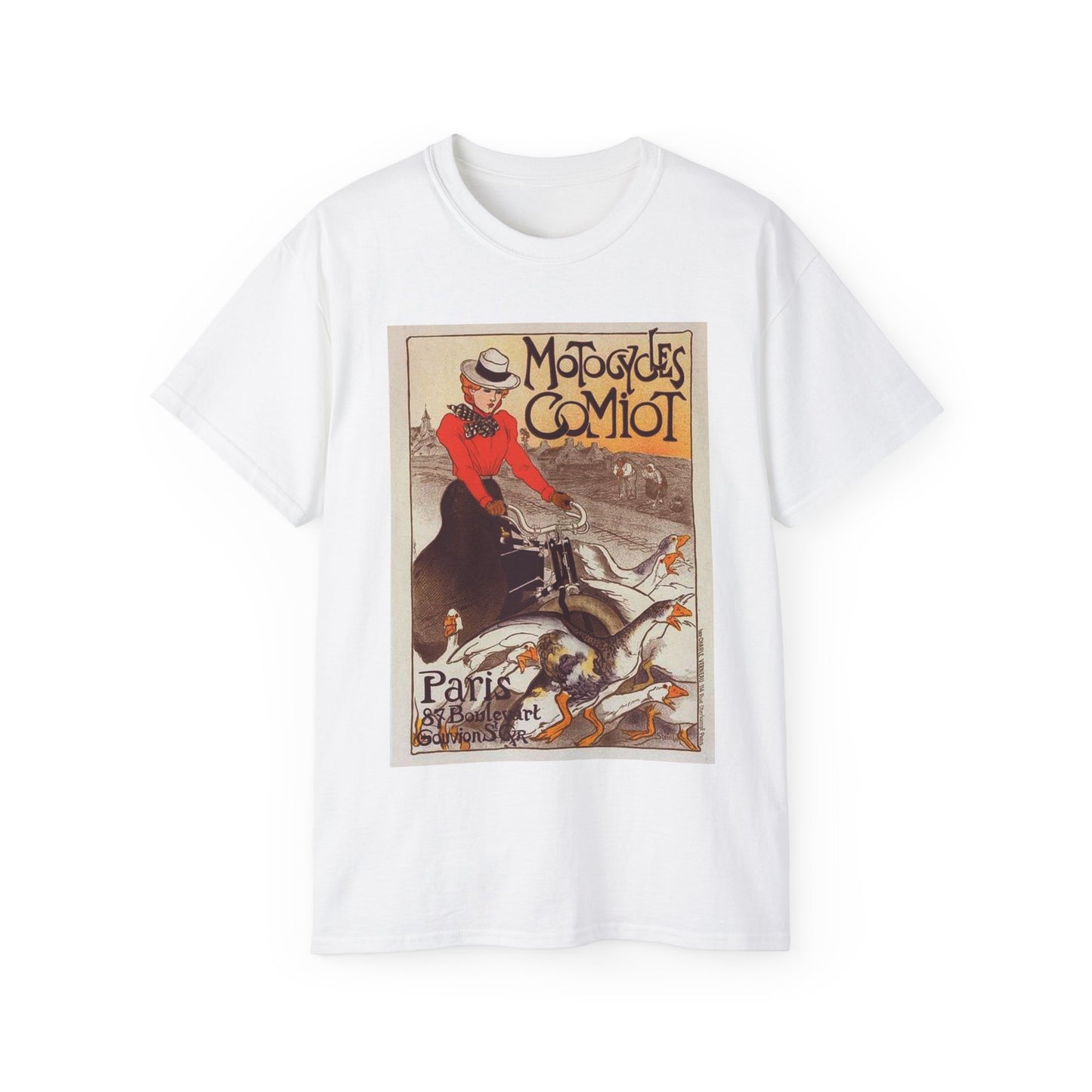 Affiche pour les "Motocycles Comiot". White T-Shirt Gildan 2000 Cotton Unisex