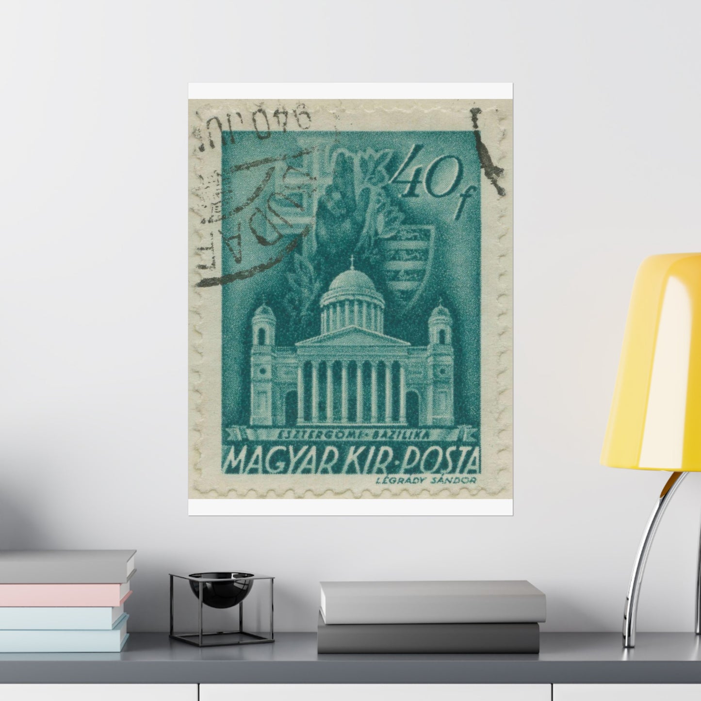 Frimärke ur Gösta Bodmans filatelistiska motivsamling, påbörjad 1950.Frimärke från Ungern, 1939. Motiv av Basilikan i Eszergom. High Quality Matte Wall Art Poster for Home, Office, Classroom