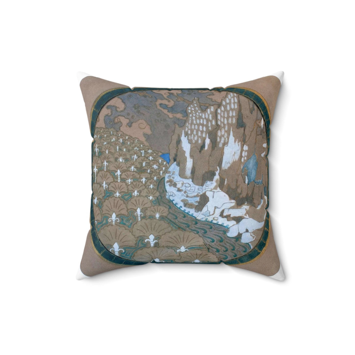 EliseuVisconti-A838-Paisagem rochosa estilizada – Email cloisonné – Estudo para Marchetaria Decorative Accent Square Pillow