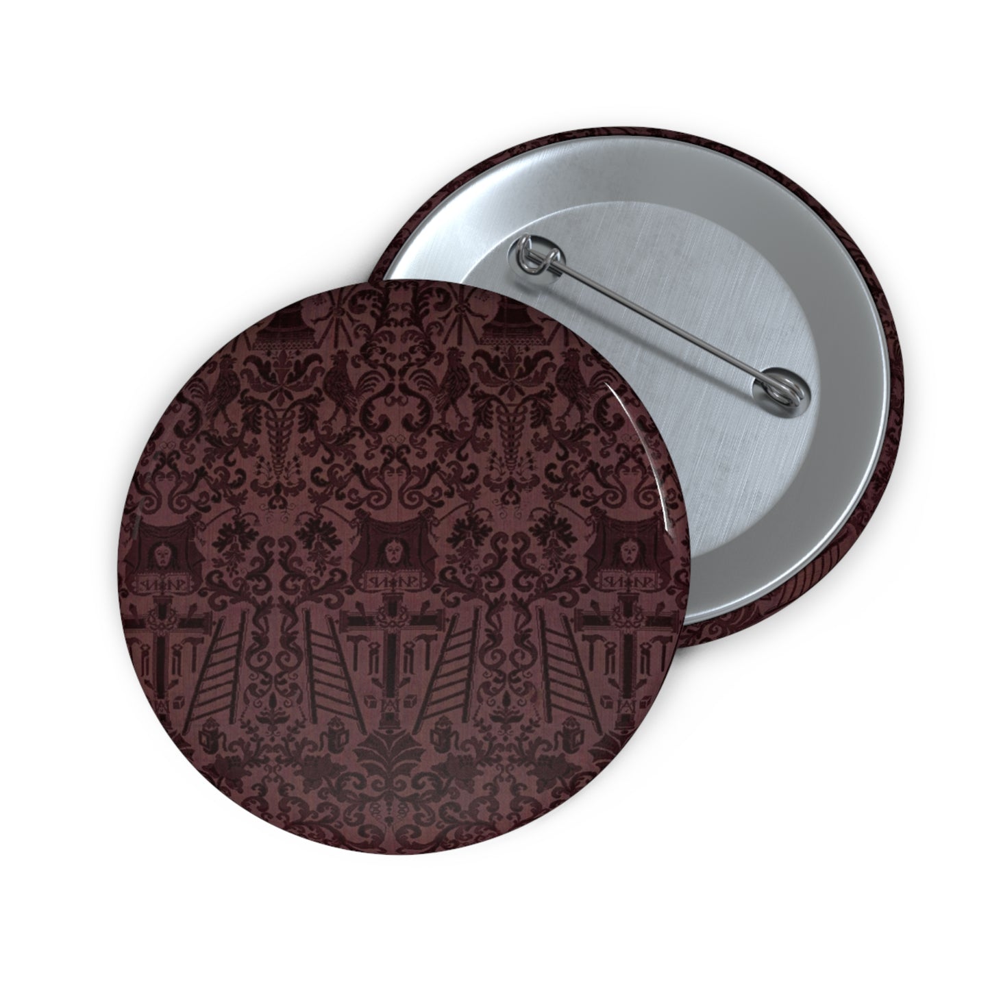 Length of velvet with Instruments of the Passion Pin Buttons with Crisp Design