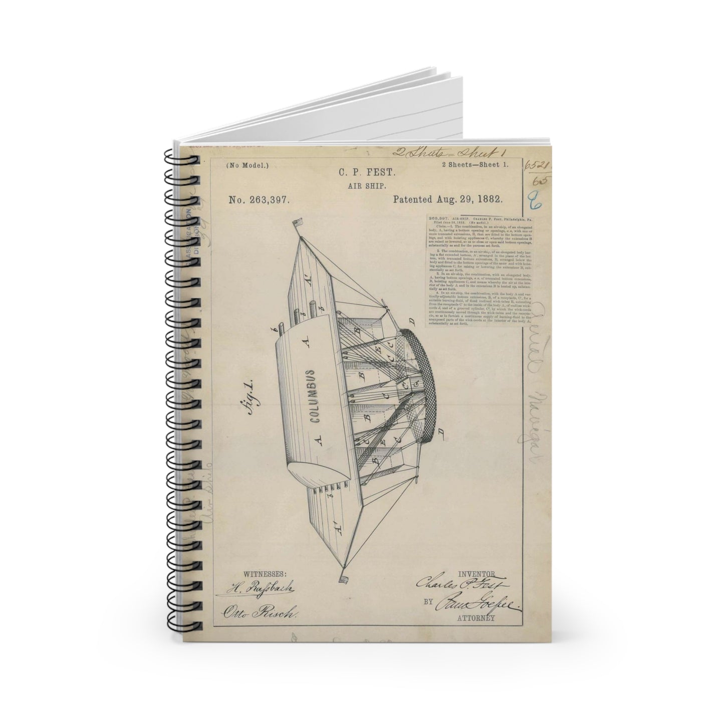 Patent drawing - for C. P. Fest's Air Ship Public domain  image Spiral Bound Ruled Notebook with Printed Cover