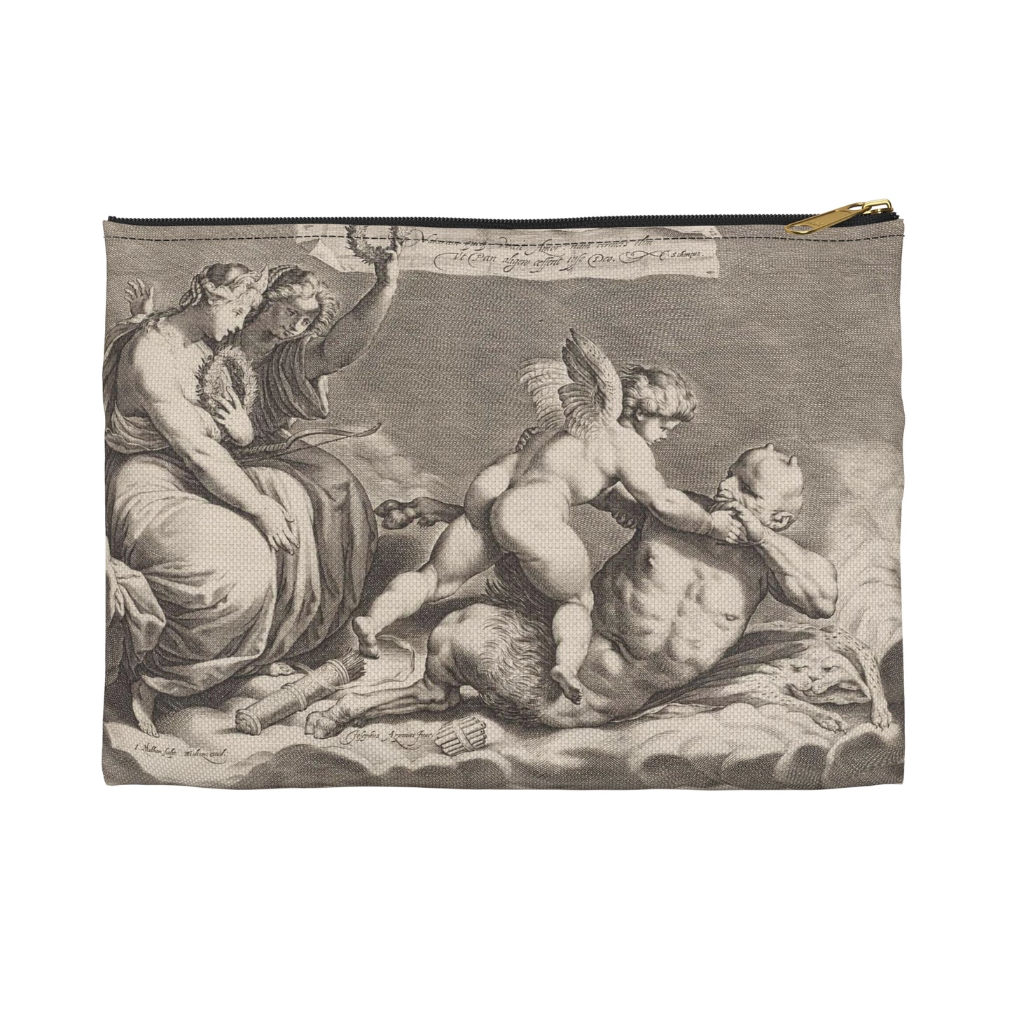 Cupid wrestling with Pan, amongst the clouds, with two allegorical women seated at left Large Organizer Pouch with Black Zipper