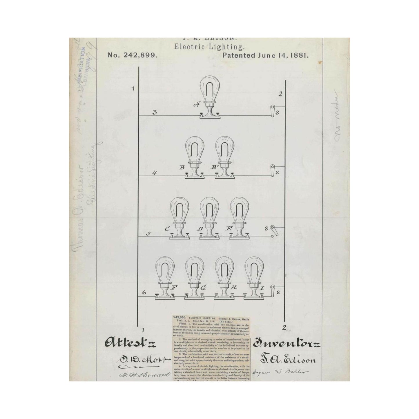 Patent drawing - for T. A. Edison's Electric Lighting Public domain  image High Quality Matte Wall Art Poster for Home, Office, Classroom