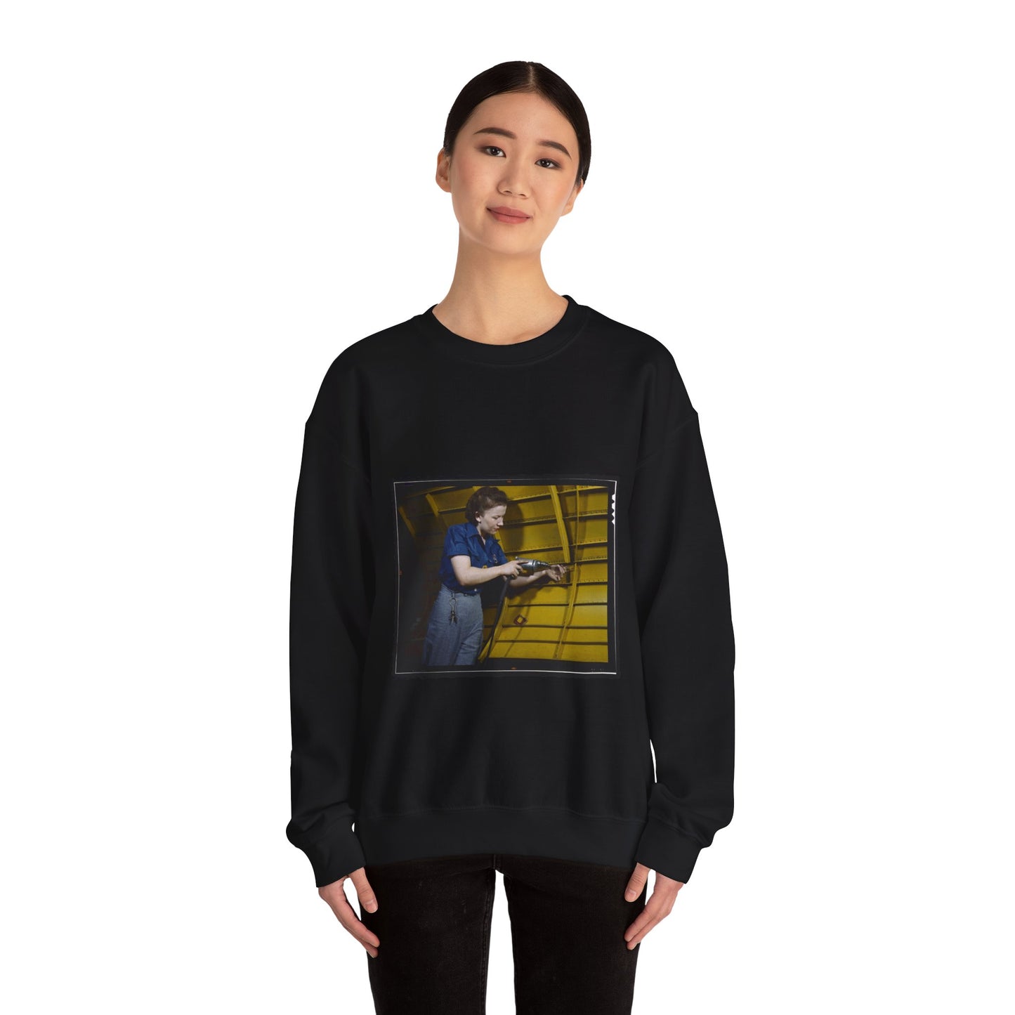 Operating a hand drill at Vultee-Nashville, woman is working on a "Vengeance" dive bomber, Tennessee Black Heavy Blend Adult Crew Neck SweatShirt