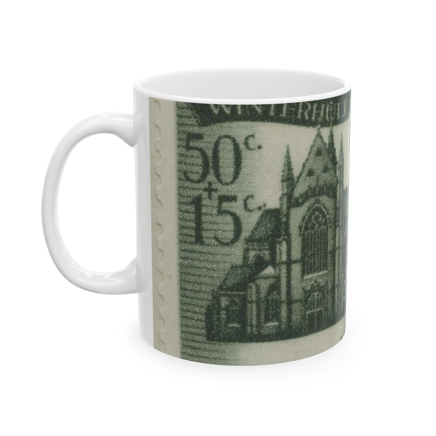 Frimärke ur Gösta Bodmans filatelistiska motivsamling, påbörjad 1950.Frimärke från Belgien, 1943. St. Martins Kyrka i Liége. "Serie till förmän för vinterhjälpen". Beautiful Novelty Ceramic Coffee Mug 11oz