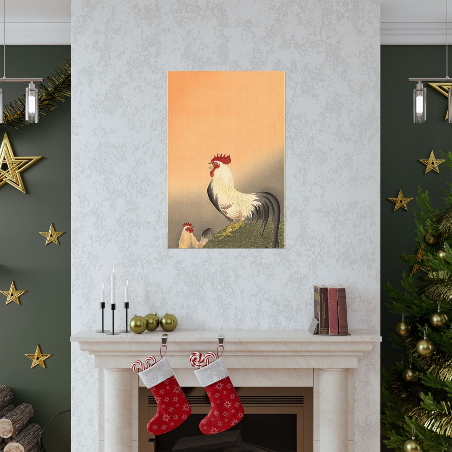 Koson - rooster-and-hen-at-sunrise, Ohara Koson High Quality Matte Wall Art Poster for Home, Office, Classroom