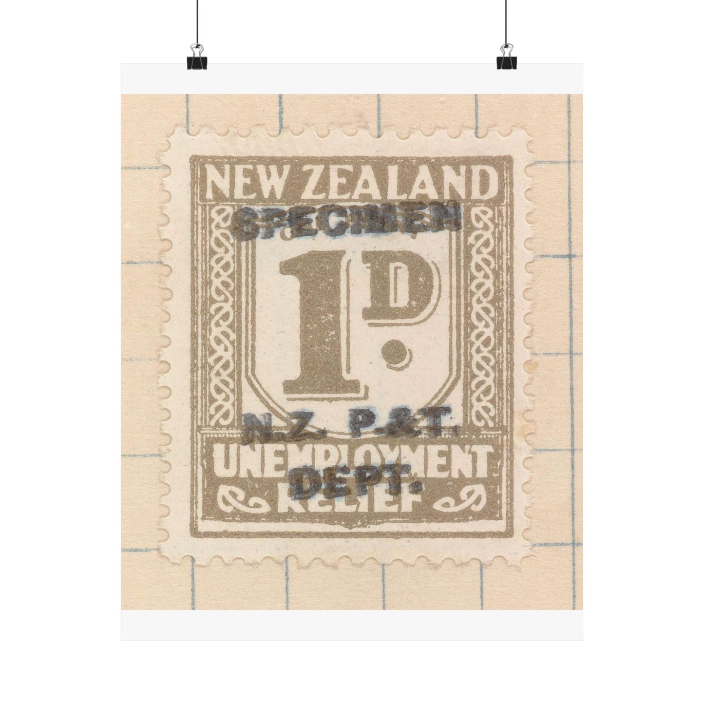 One penny Unemployment Relief stamp overprinted 'Specimen' High Quality Matte Wall Art Poster for Home, Office, Classroom