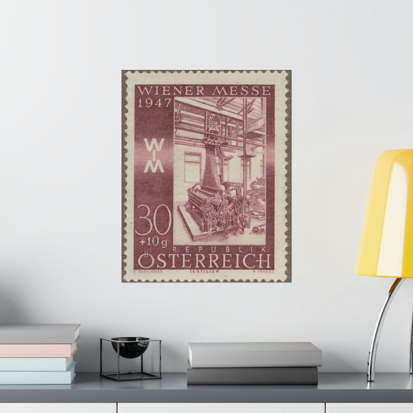 Frimärke ur Gösta Bodmans filatelistiska motivsamling, påbörjad 1950.Frimärke från Österrike, 1947. Motiv av jacquardvävstol i Österrike 1947. "Wienermässan 1947" High Quality Matte Wall Art Poster for Home, Office, Classroom