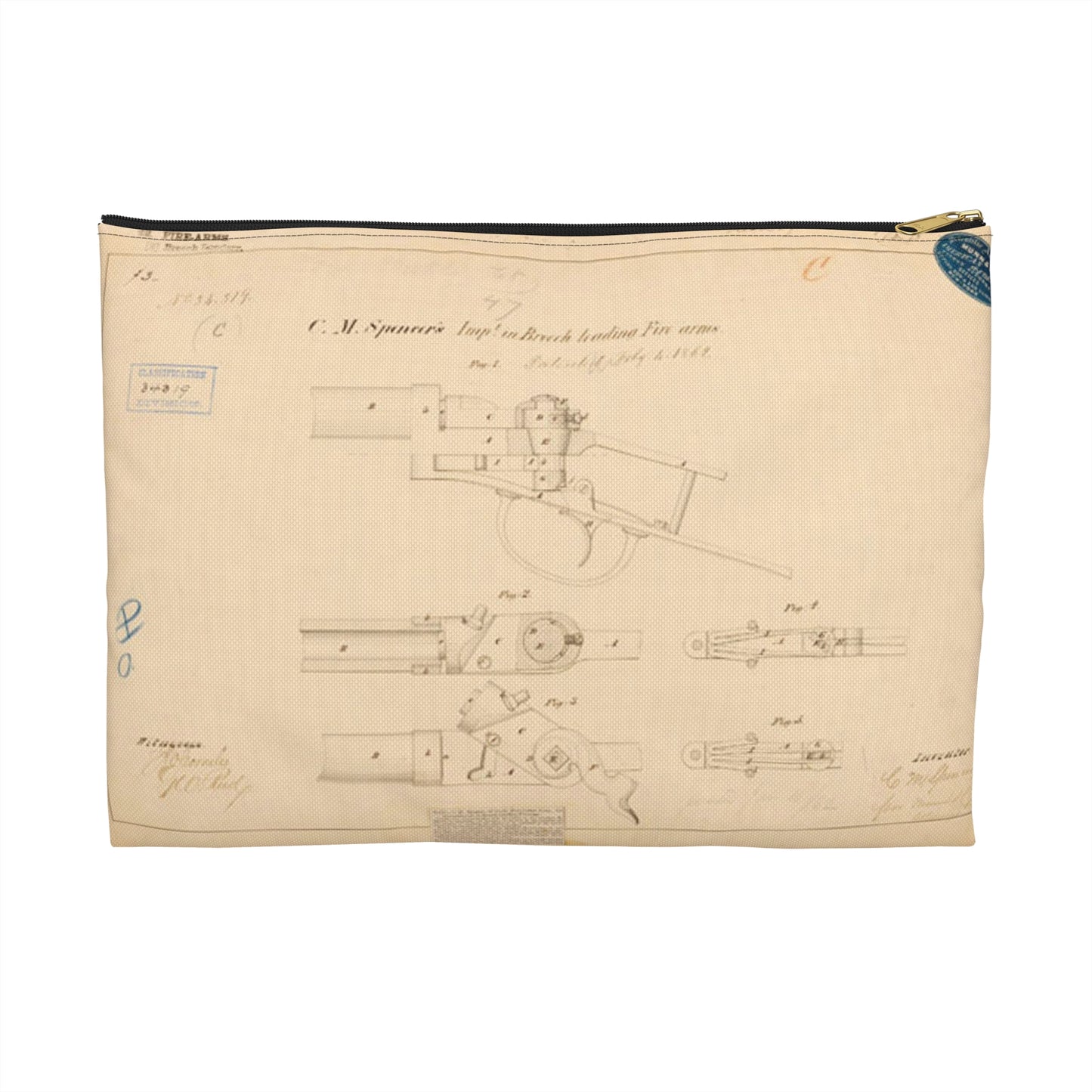 Patent Drawing of Engine - Drawing of Improvements in Breech Loading Fire Arms Public domain  image Large Organizer Pouch with Black Zipper