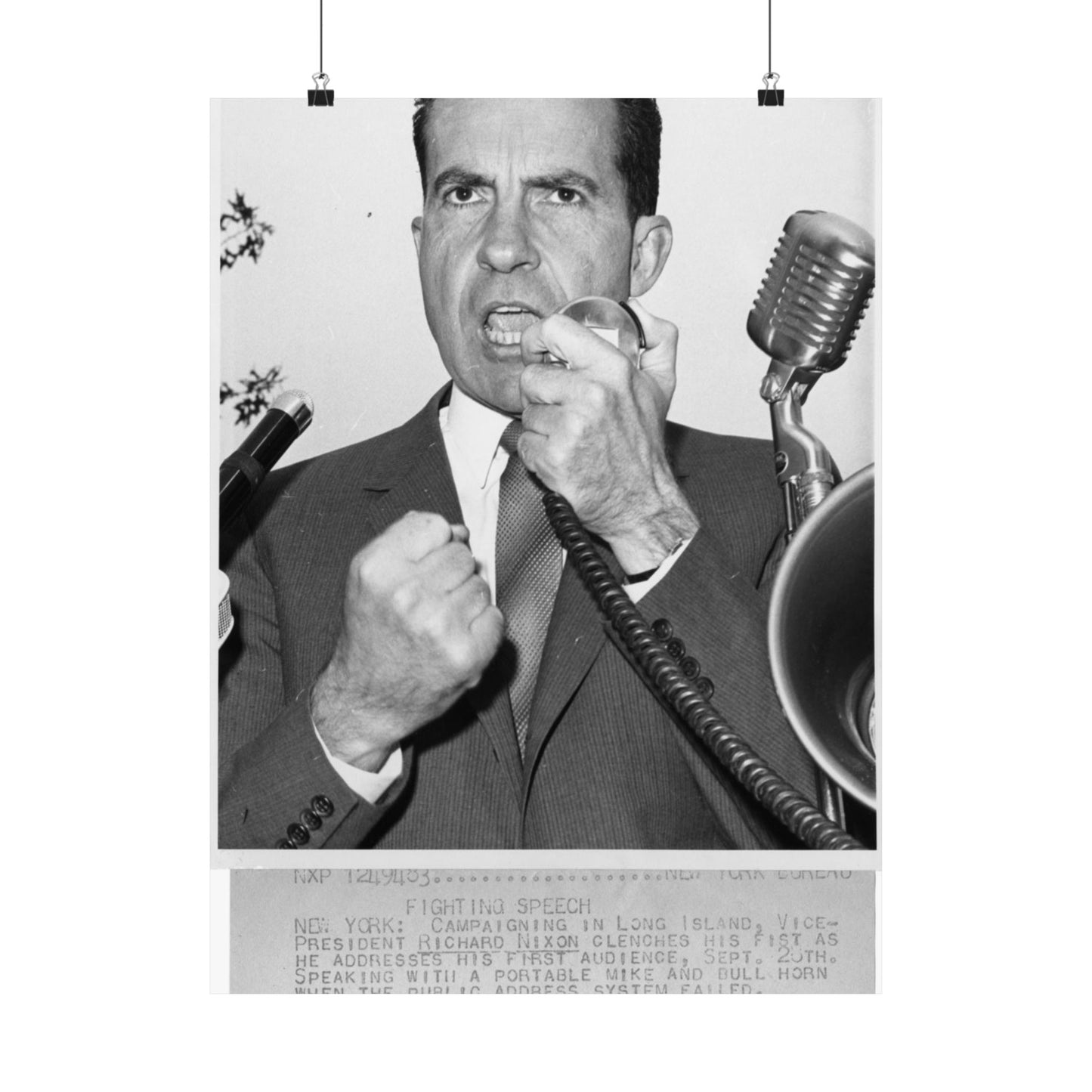 Richard Nixon clinches his fist as he addresses his first audience in Long Island, New York High Quality Matte Wall Art Poster for Home, Office, Classroom