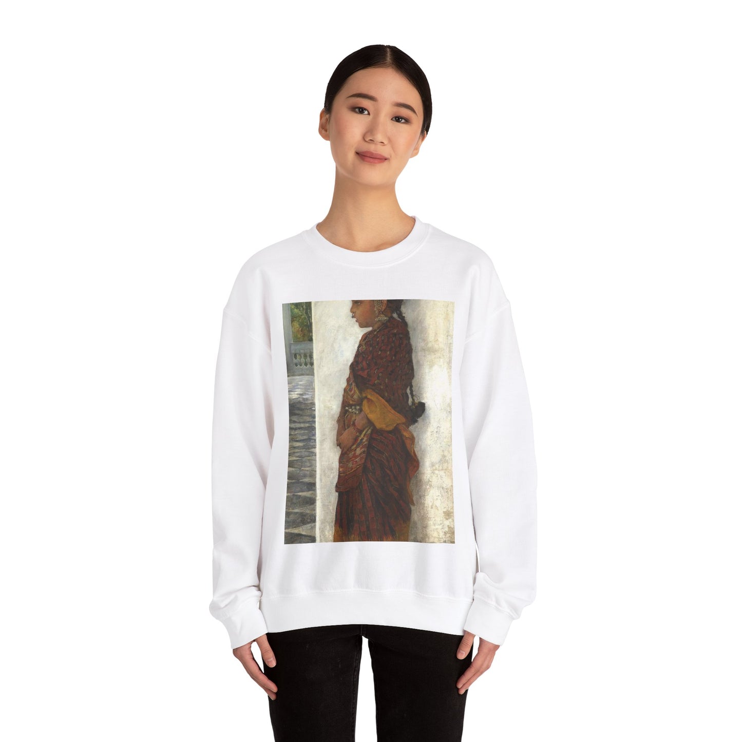 Hermann Linde - Girl standing in a veranda wearing a Pochampalli sari (ca.1895) White Heavy Blend Adult Crew Neck SweatShirt