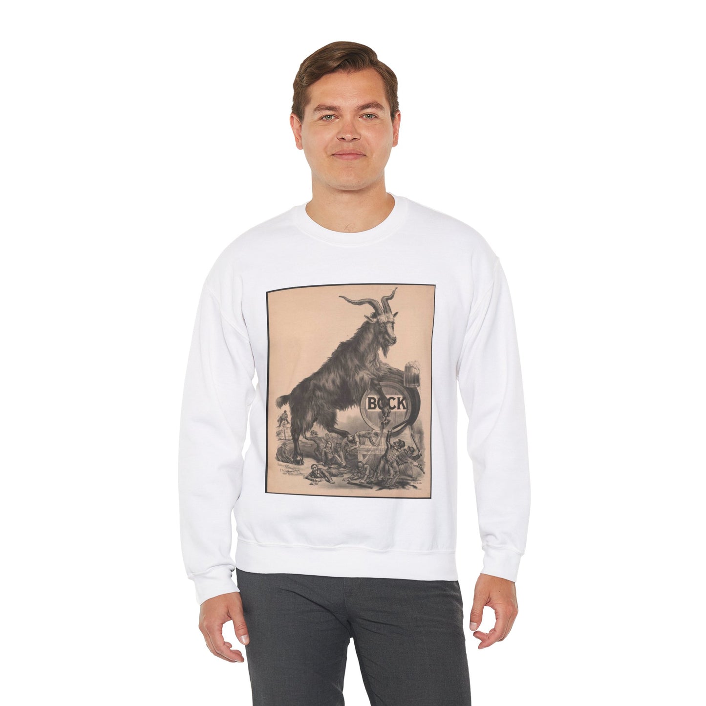 Giant bock goat resting on a keg, holding a mug of beer, men under the goat scrambling White Heavy Blend Adult Crew Neck SweatShirt