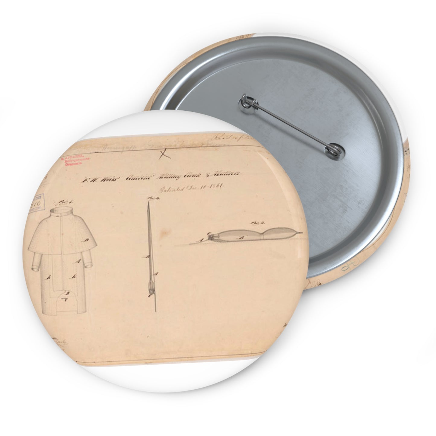 Patent drawing - Drawing of Combined Military Cloak and Mattress Public domain  image Pin Buttons with Crisp Design