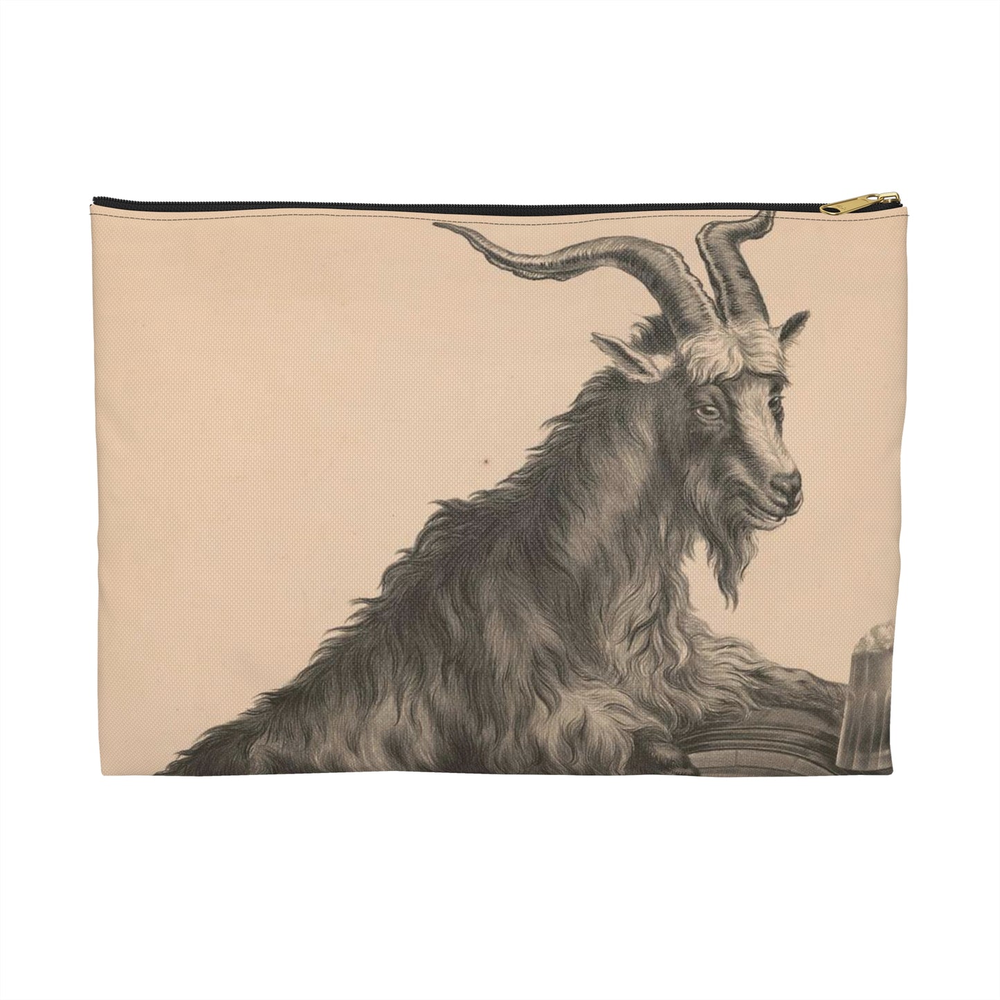 Giant bock goat resting on a keg, holding a mug of beer, men under the goat scrambling Large Organizer Pouch with Black Zipper