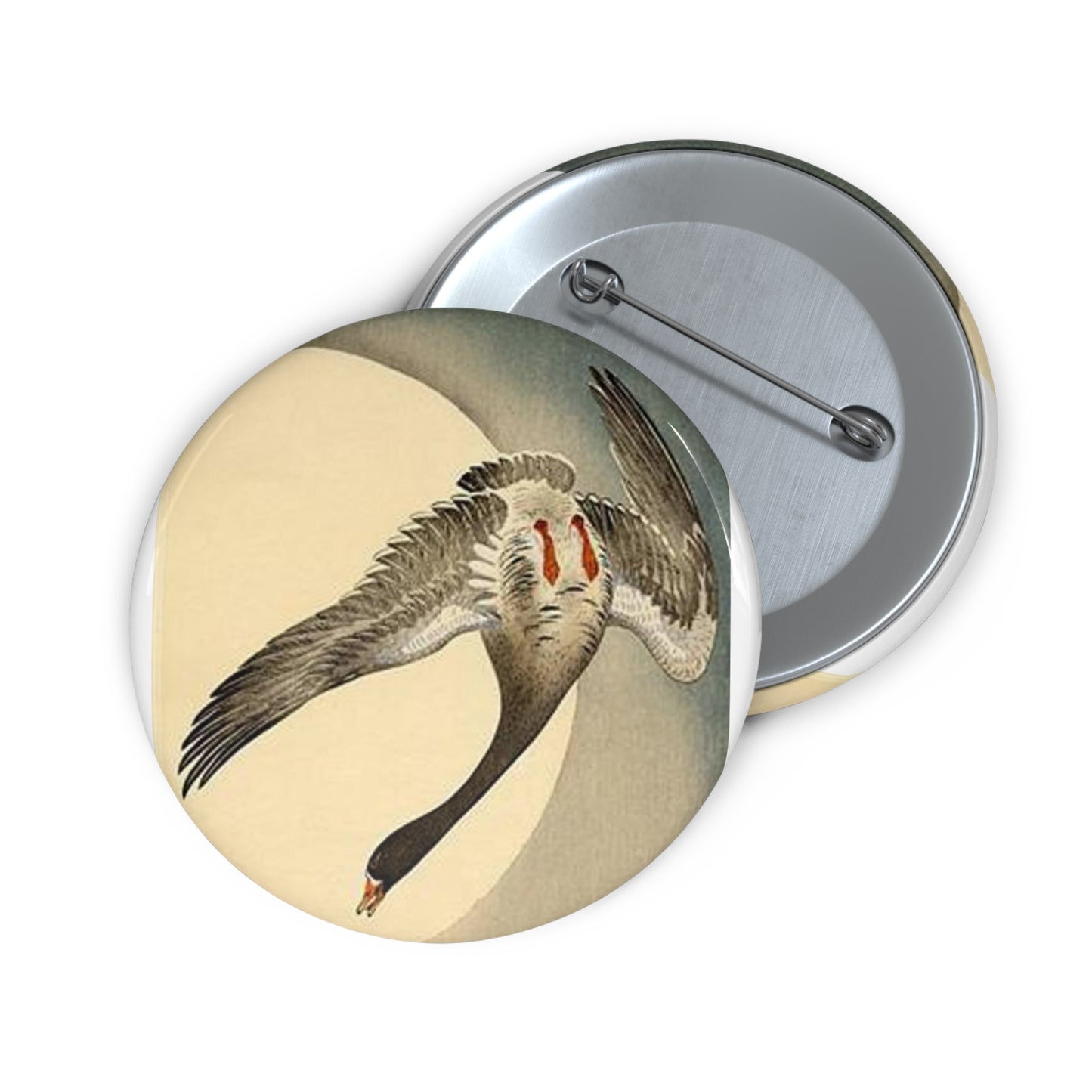 Koson - flying-white-fronted-goose-seen-from-underneath-in-front-of-the-moon Pin Buttons with Crisp Design