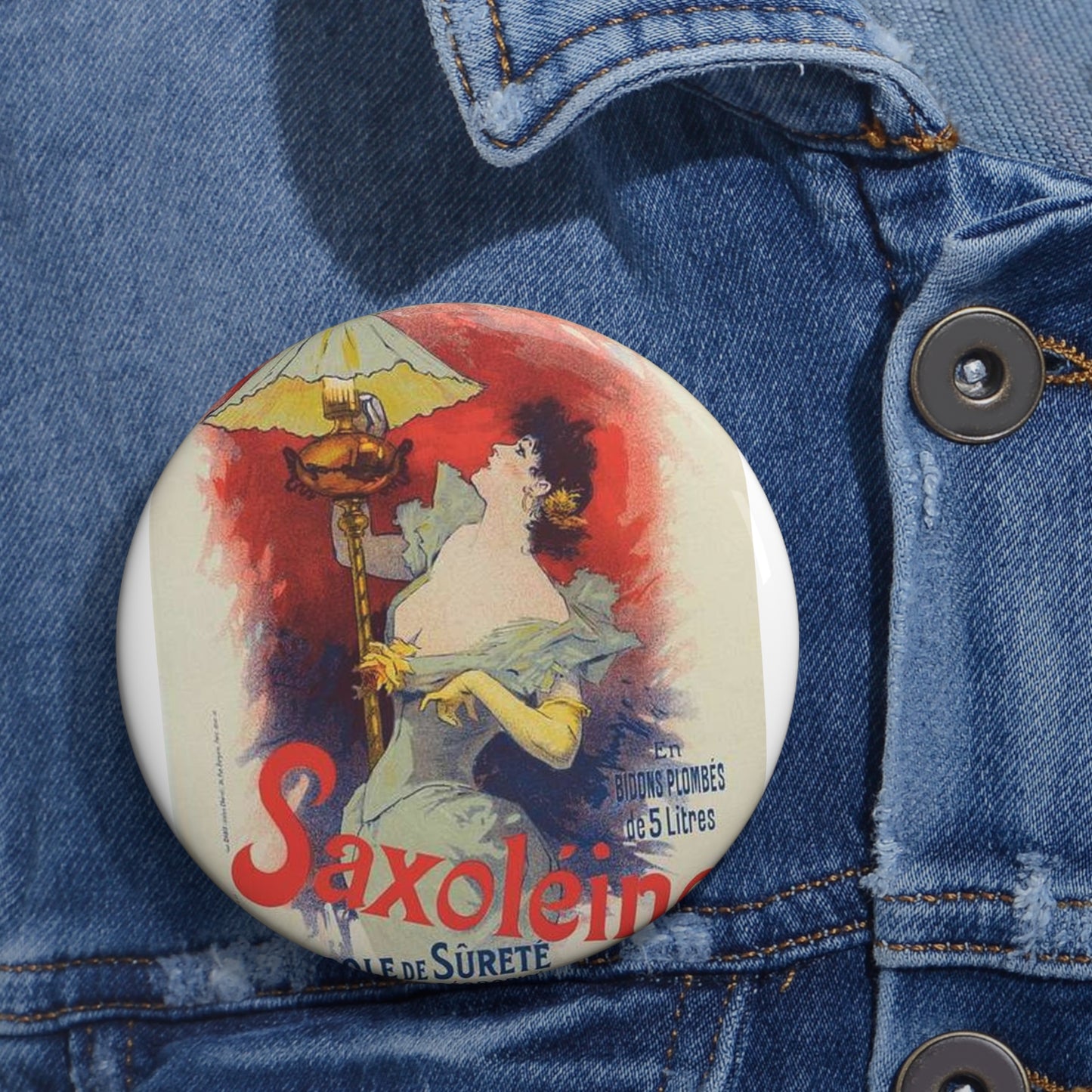 Affiche pour la "Saxoléine". - Art nouveau public domain poster Pin Buttons with Crisp Design