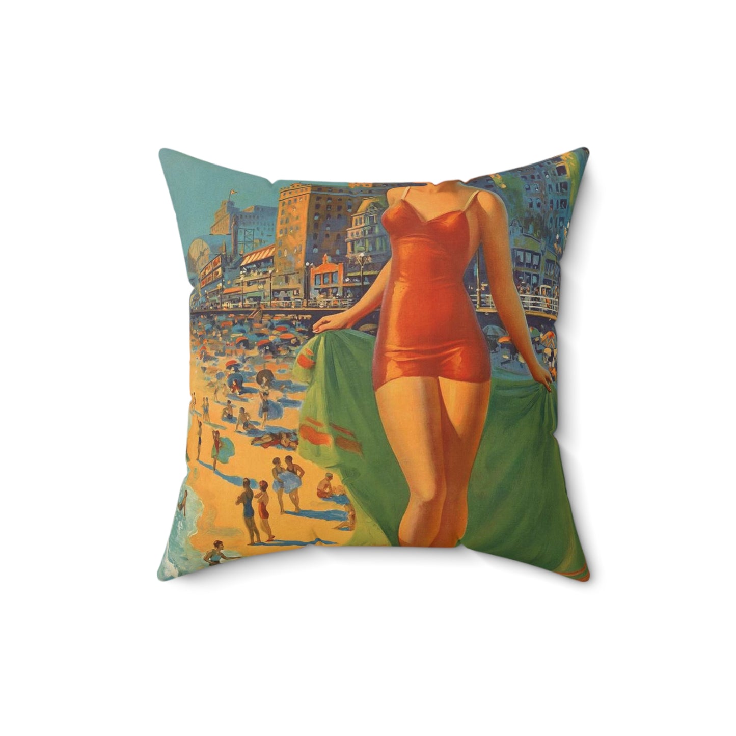 Atlantic City— America’s All-Year Resort, Pennsylvania Railroad, painting by Edward Mason Eggleston Decorative Accent Square Pillow