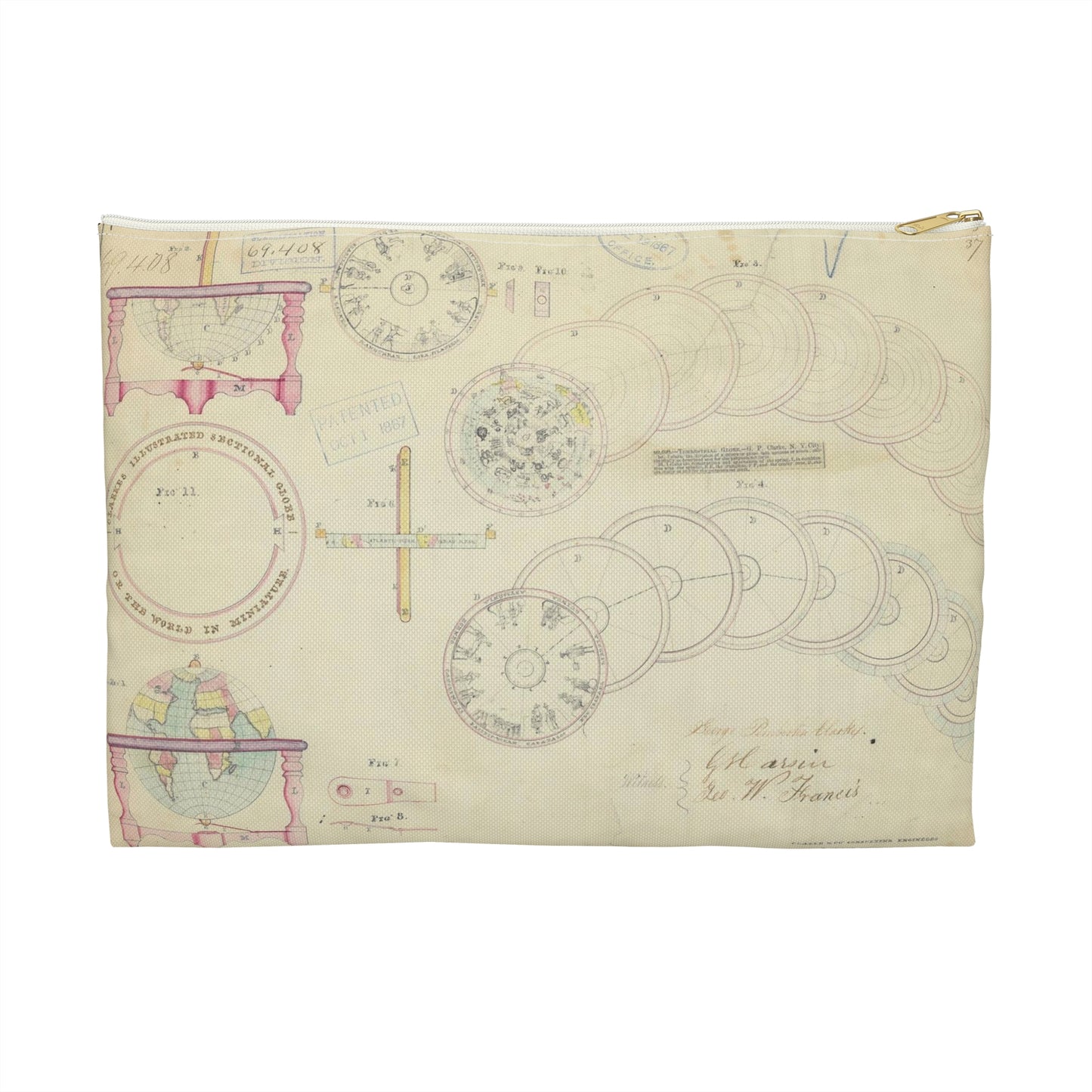 Patent drawing - Drawing of a Terrestrial Globe Public domain  image Large Organizer Pouch with Black Zipper