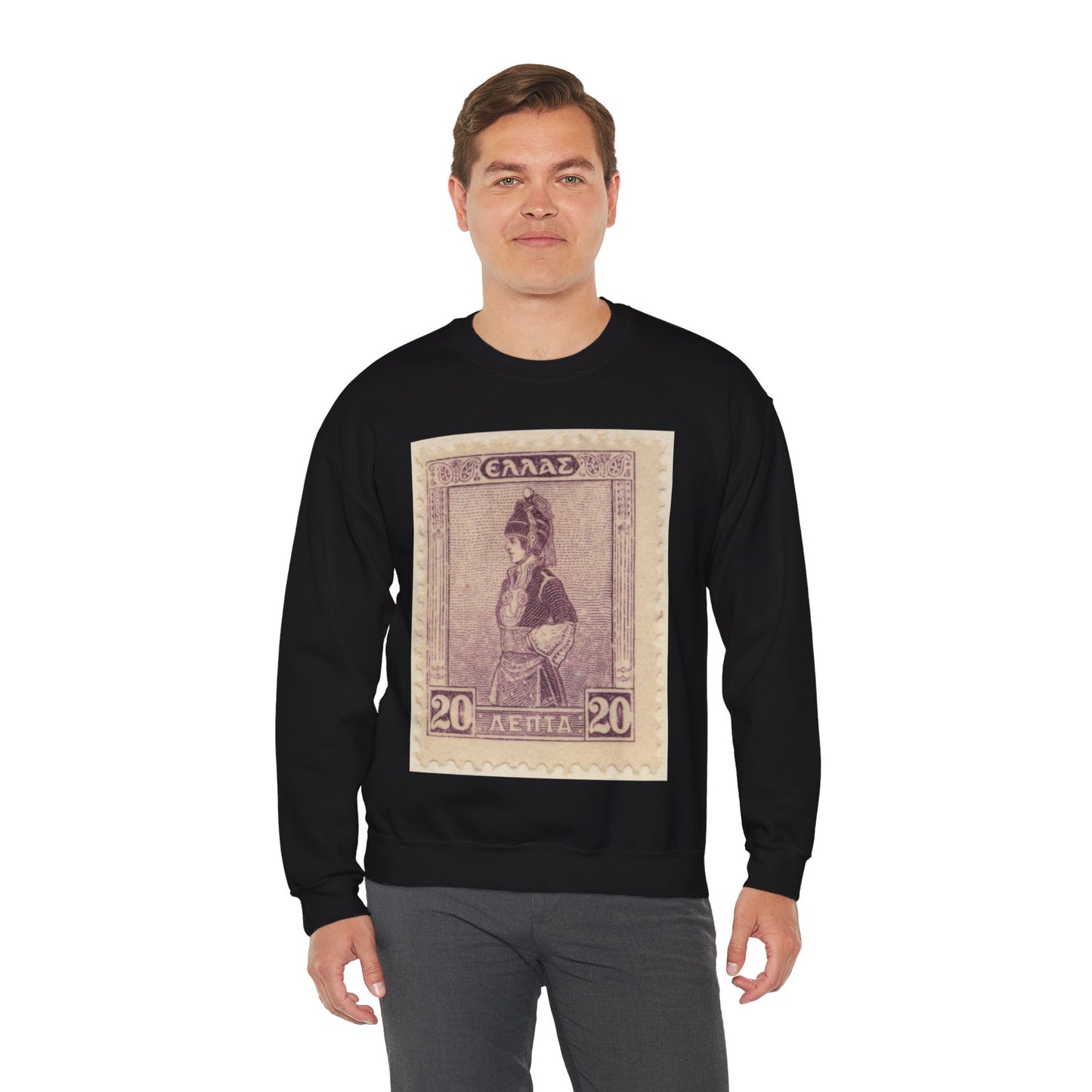 Frimärke ur Gösta Bodmans filatelistiska motivsamling, påbörjad 1950.Frimärke från GRekland, 1927. Motiv av Mecedonisk dräkt. Black Heavy Blend Adult Crew Neck SweatShirt