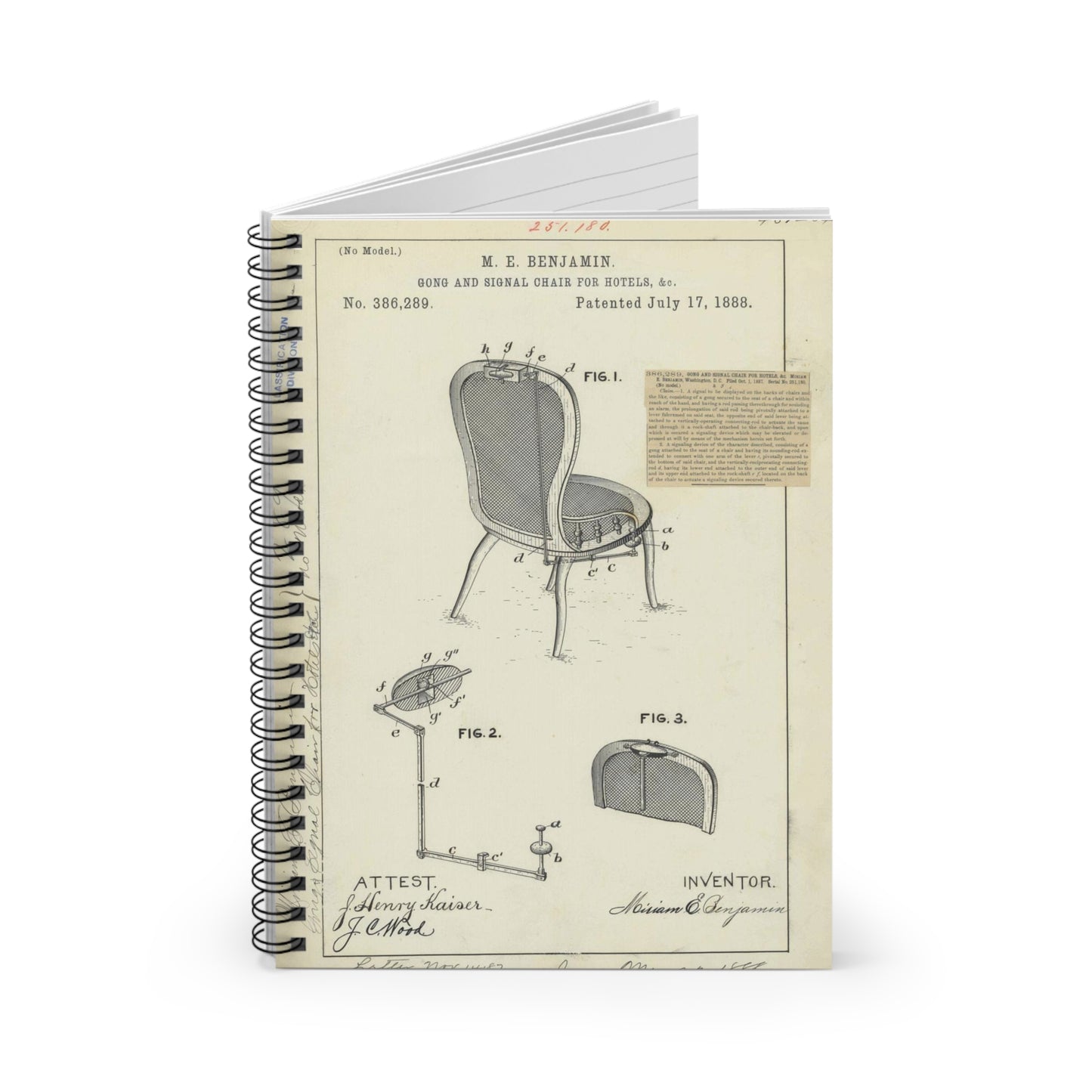 Patent drawing - for M. E. Benjamin's Gong and Signal Chair for Hotels Public domain  image Spiral Bound Ruled Notebook with Printed Cover