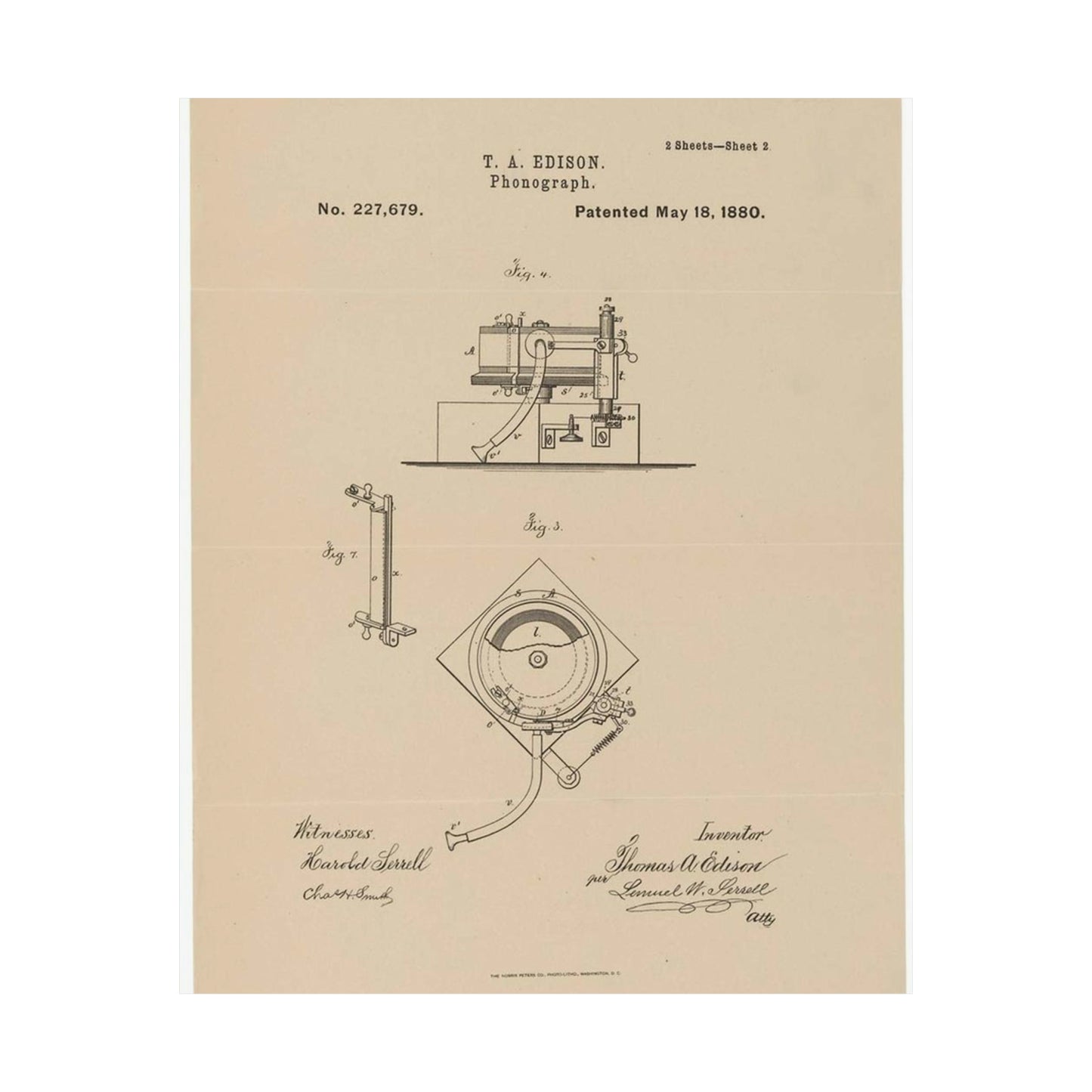 Patent Drawing of Engine - Drawing for a Phonograph Public domain  image High Quality Matte Wall Art Poster for Home, Office, Classroom