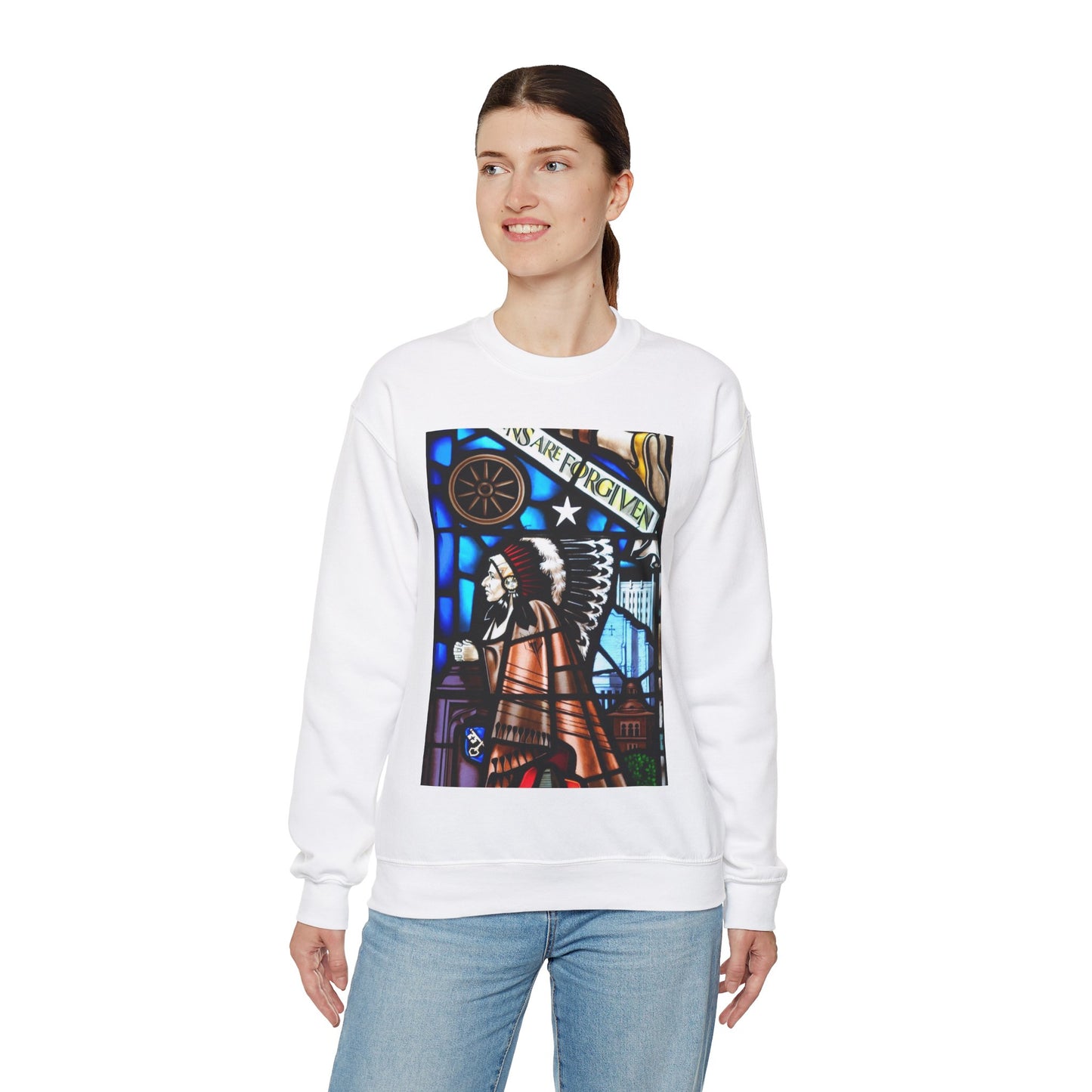 Stained glass window, Boston Avenue United Methodist Church, Tulsa, Oklahoma White Heavy Blend Adult Crew Neck SweatShirt