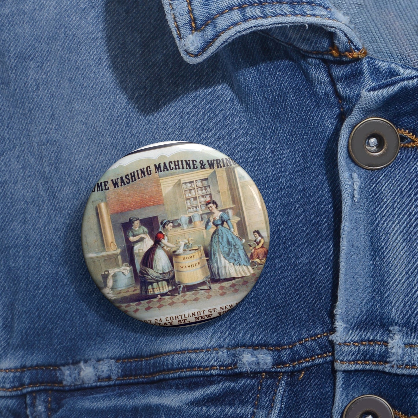 Home washing machine & wringer - A painting of women washing machines in a kitchen Pin Buttons with Crisp Design