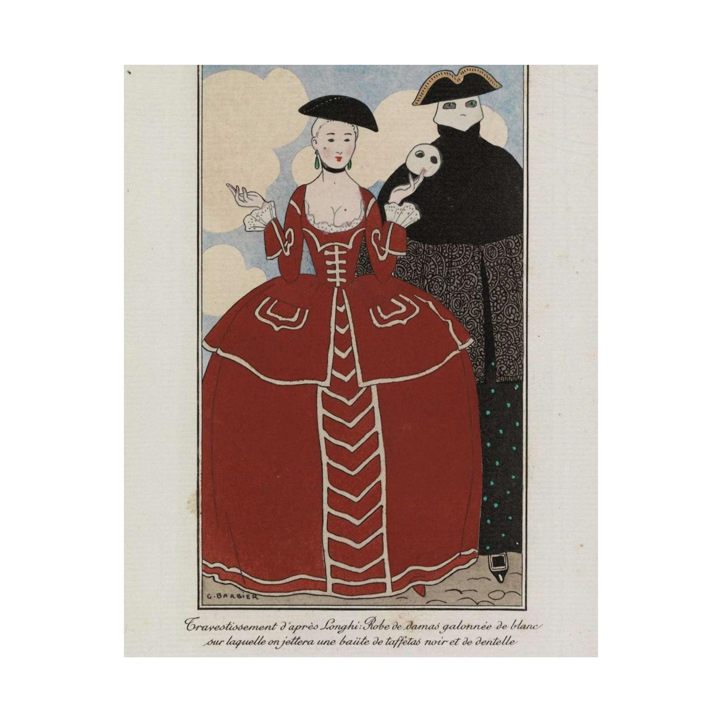 Fancy dress (Travestissement d'aprés Longhi - Robe de damas galonnée de blanc sur laquelle on jettera une baiite de taffetas noir et de dentelle) (CBL WEp 0847) High Quality Matte Wall Art Poster for Home, Office, Classroom