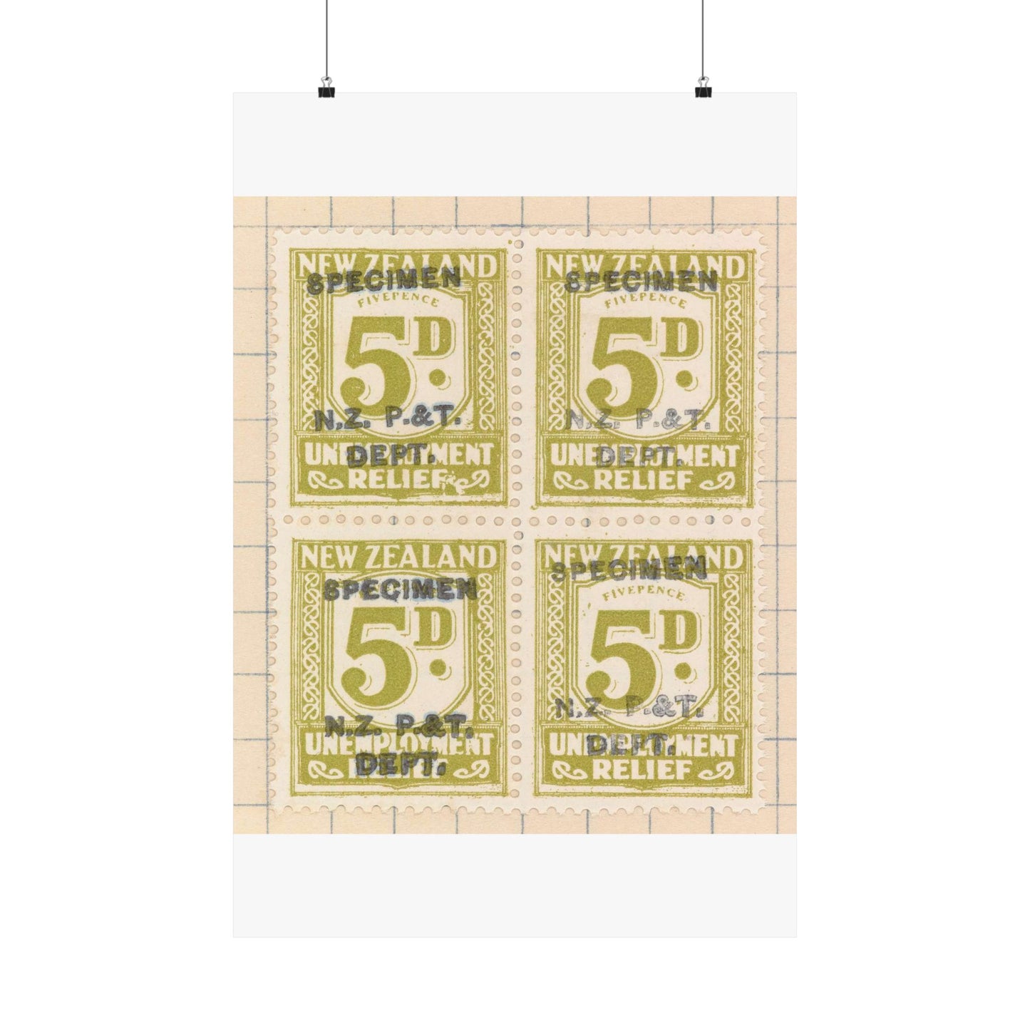 Block of five penny Unemployment Relief stamps overprinted 'Specimen' High Quality Matte Wall Art Poster for Home, Office, Classroom