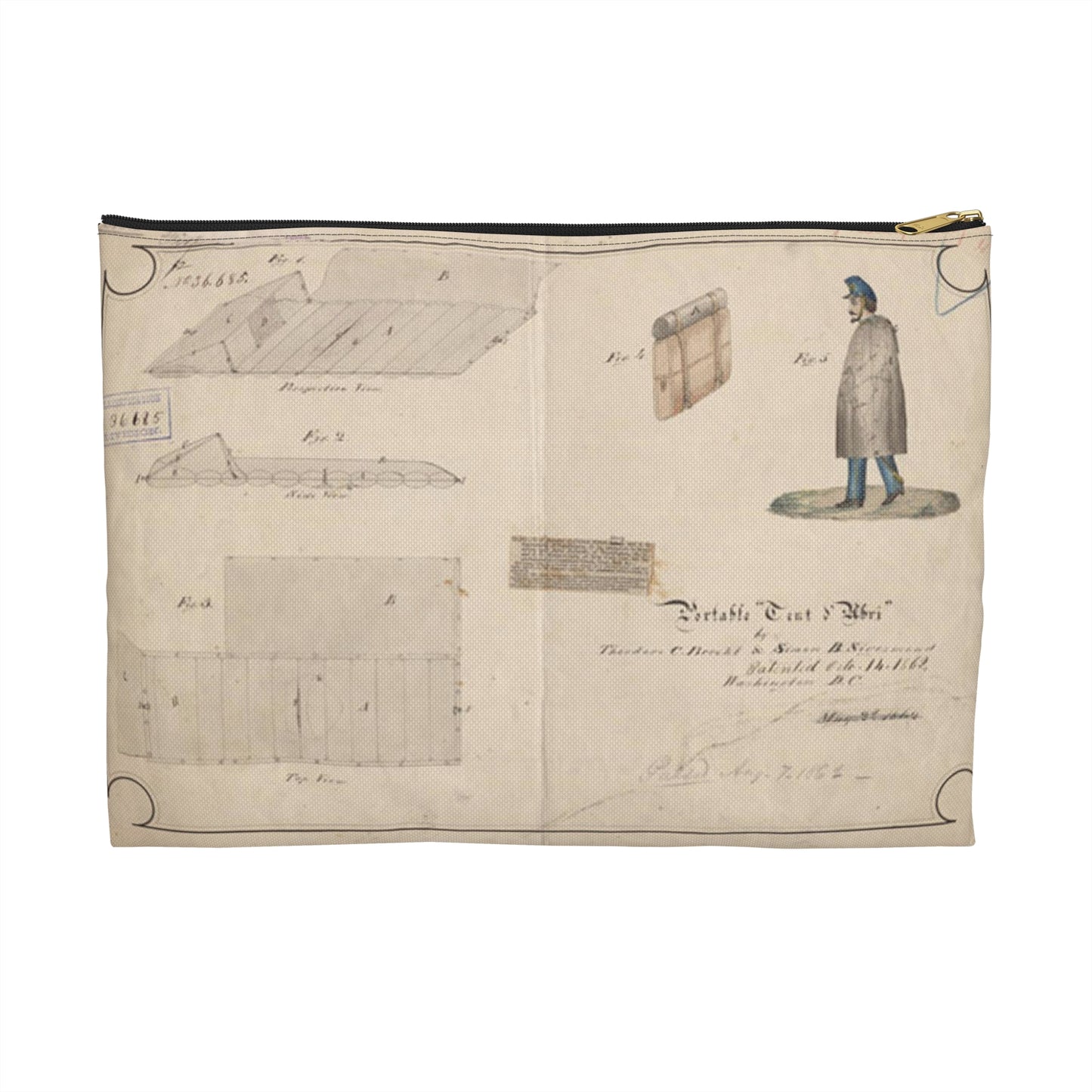 Patent drawing - Drawing of Portable Tent and Abri Public domain  image Large Organizer Pouch with Black Zipper