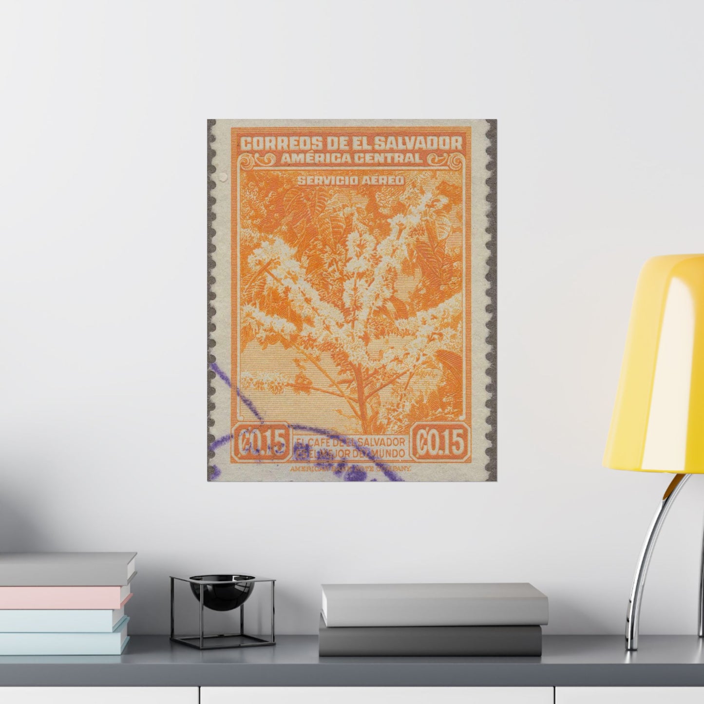 Frimärke ur Gösta Bodmans filatelistiska motivsamling, påbörjad 1950.Frimärke från Salvador, 1940. Motiv av kaffeplanta med blommor. High Quality Matte Wall Art Poster for Home, Office, Classroom