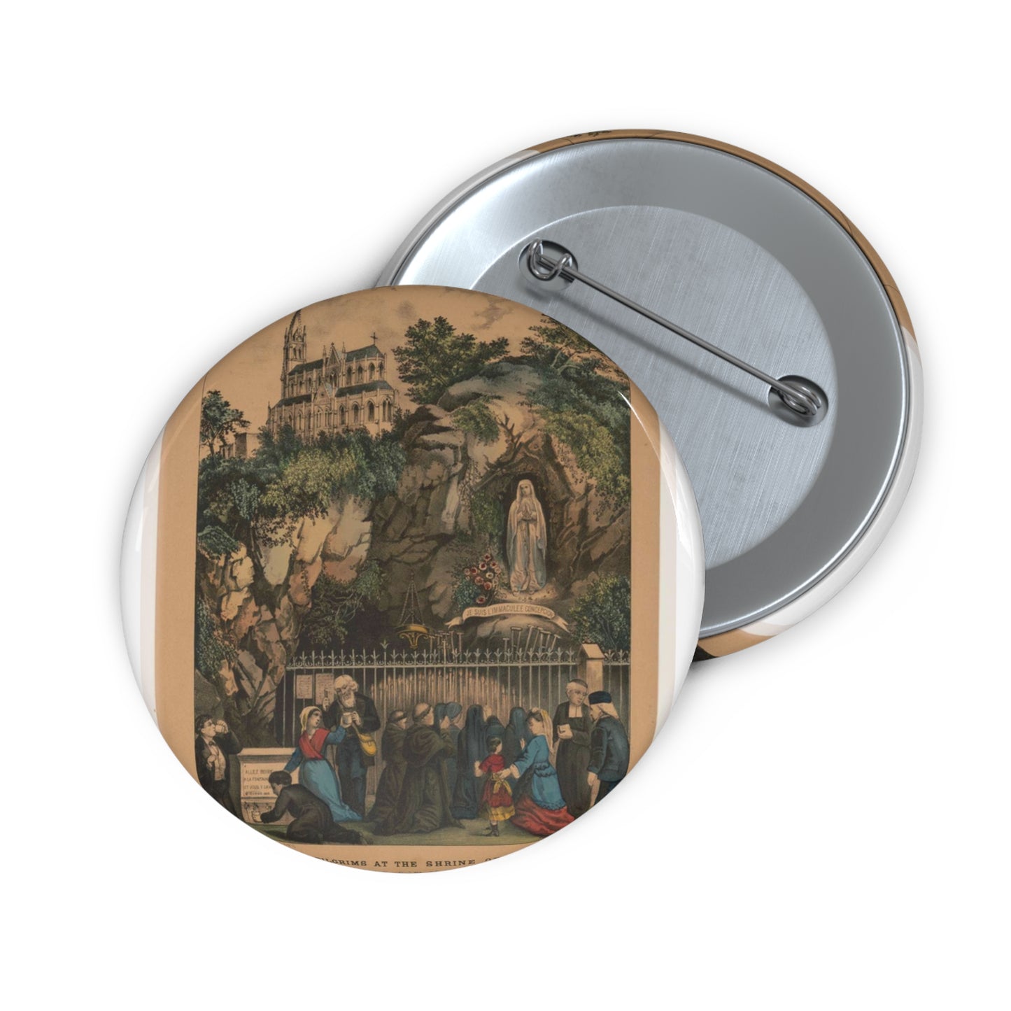 Pilgrims at the Shrine of Our Lady of Lourdes Pin Buttons with Crisp Design