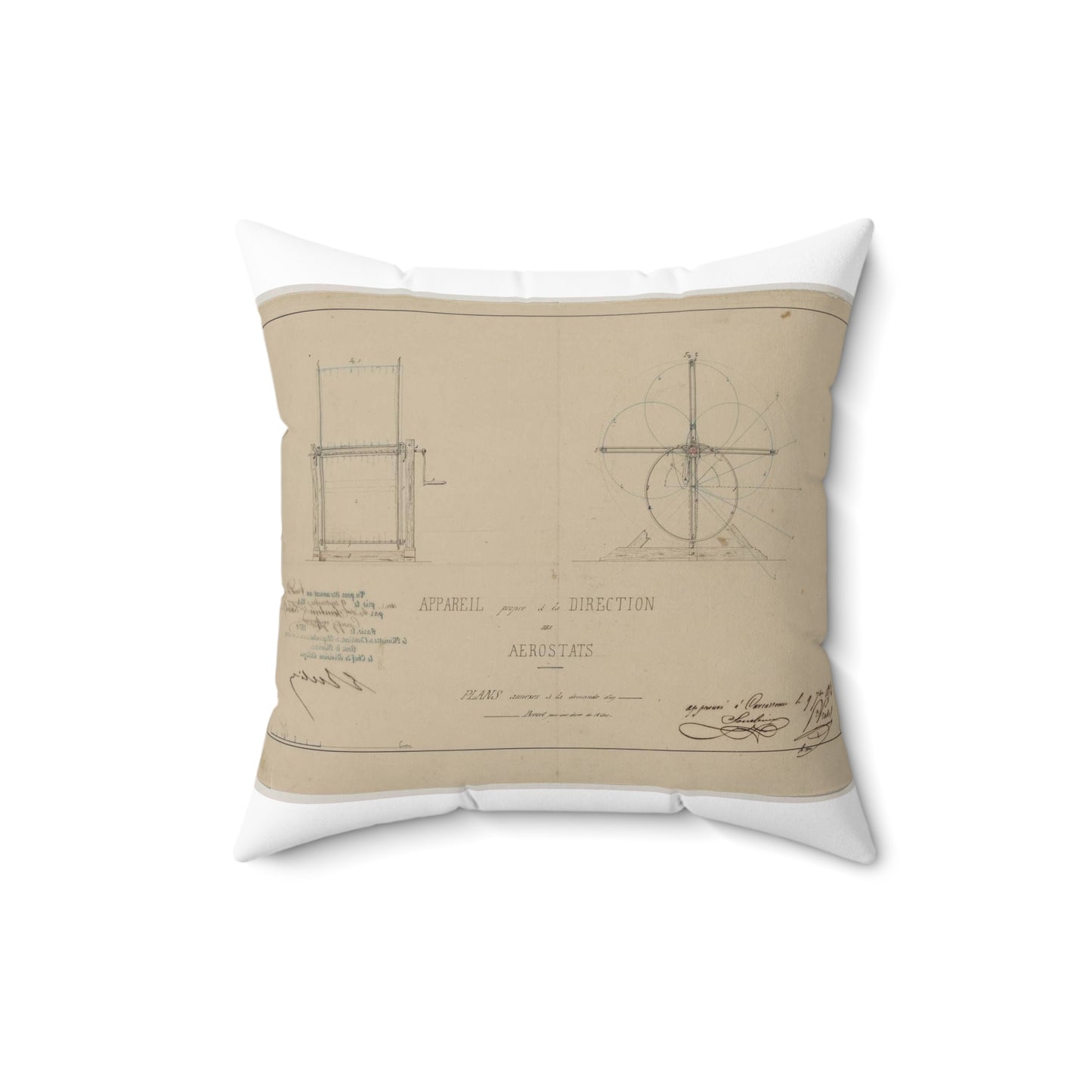 Patent drawing - Appareil propre à la direction des aerostats plans annèxes à la demande d'un brevet pour une durée de 15 ans / / apprové à [...] Sourbieu & Pre. Pradel, 1852 septembre 9. Public domain  image Decorative Accent Square Pillow