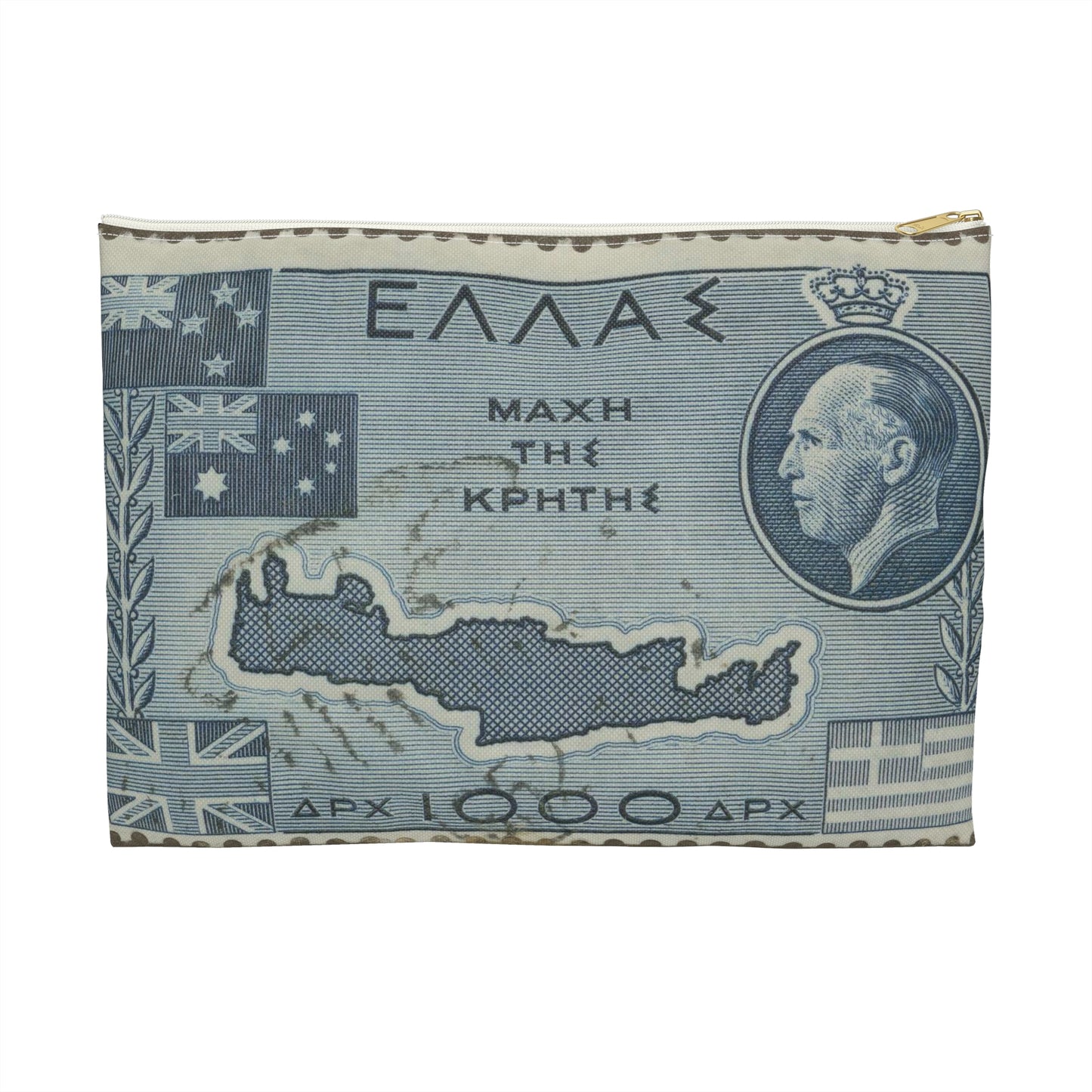 Frimärke ur Gösta Bodmans filatelistiska motivsamling, påbörjad 1950.Frimärke från Grekland, 1950. Motiv av karta över Kreta. "9-årsminne av slaget vid Kreta 1941". Large Organizer Pouch with Black Zipper