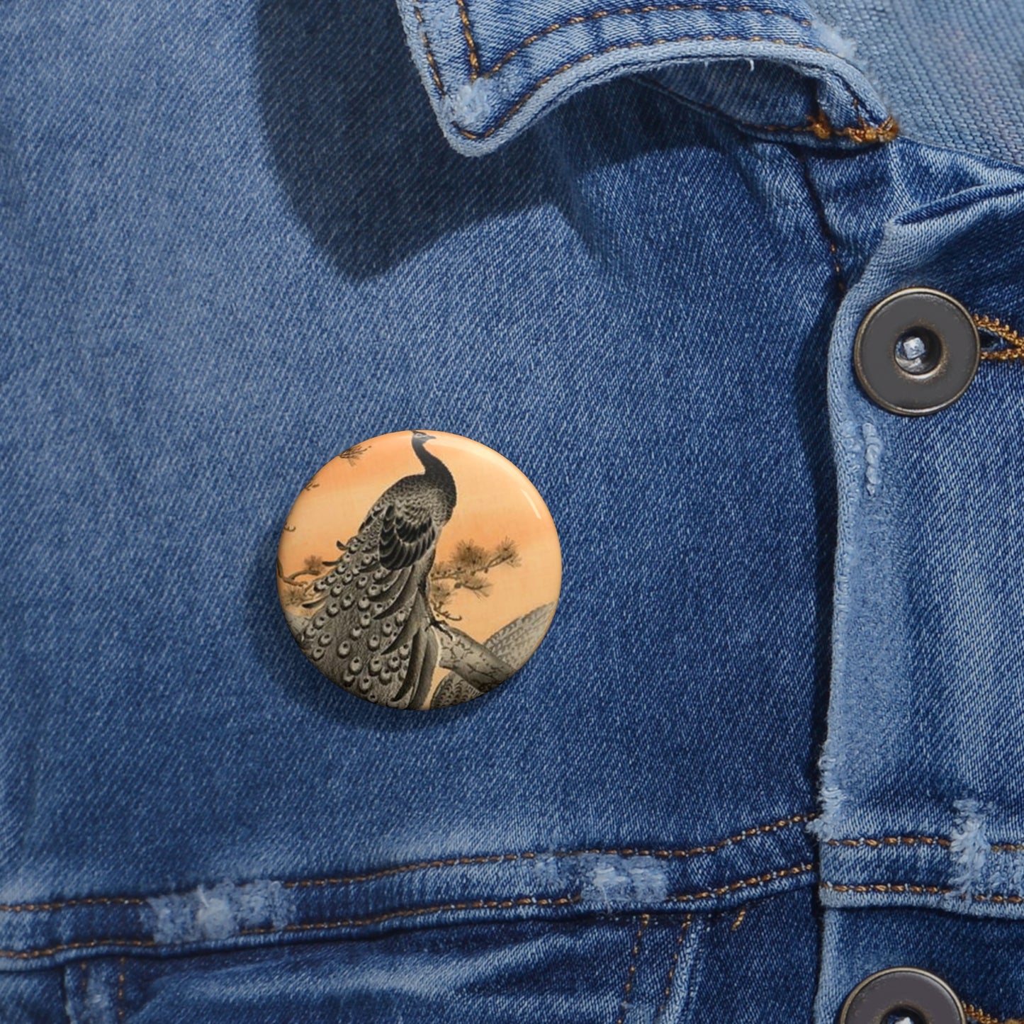 Koson - peacock-and-hen, Ohara Koson Pin Buttons with Crisp Design