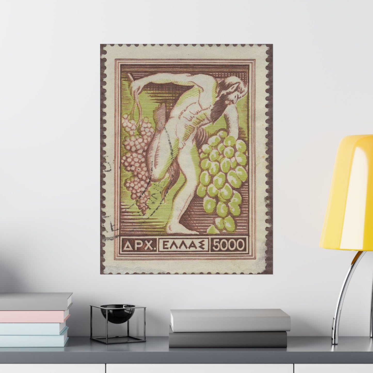 Frimärke ur Gösta Bodmans filatelistiska motivsamling, påbörjad 1950.Frimärke från Grekland, 1953. Motiv av Bacchus med vindruvsklasar. High Quality Matte Wall Art Poster for Home, Office, Classroom
