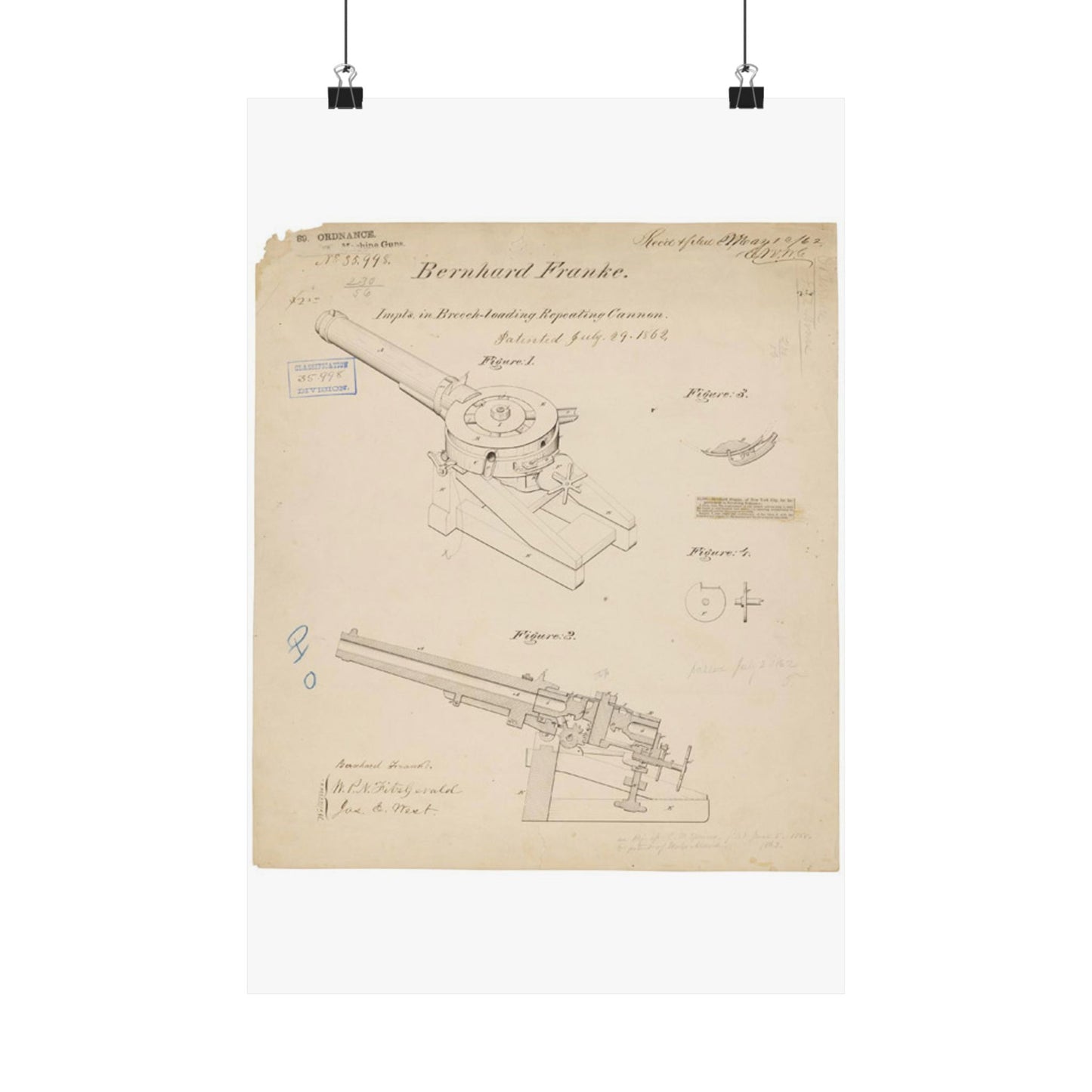 Patent drawing - Drawing of Improvements in Breech-Loading Repeating Cannon Public domain  image High Quality Matte Wall Art Poster for Home, Office, Classroom