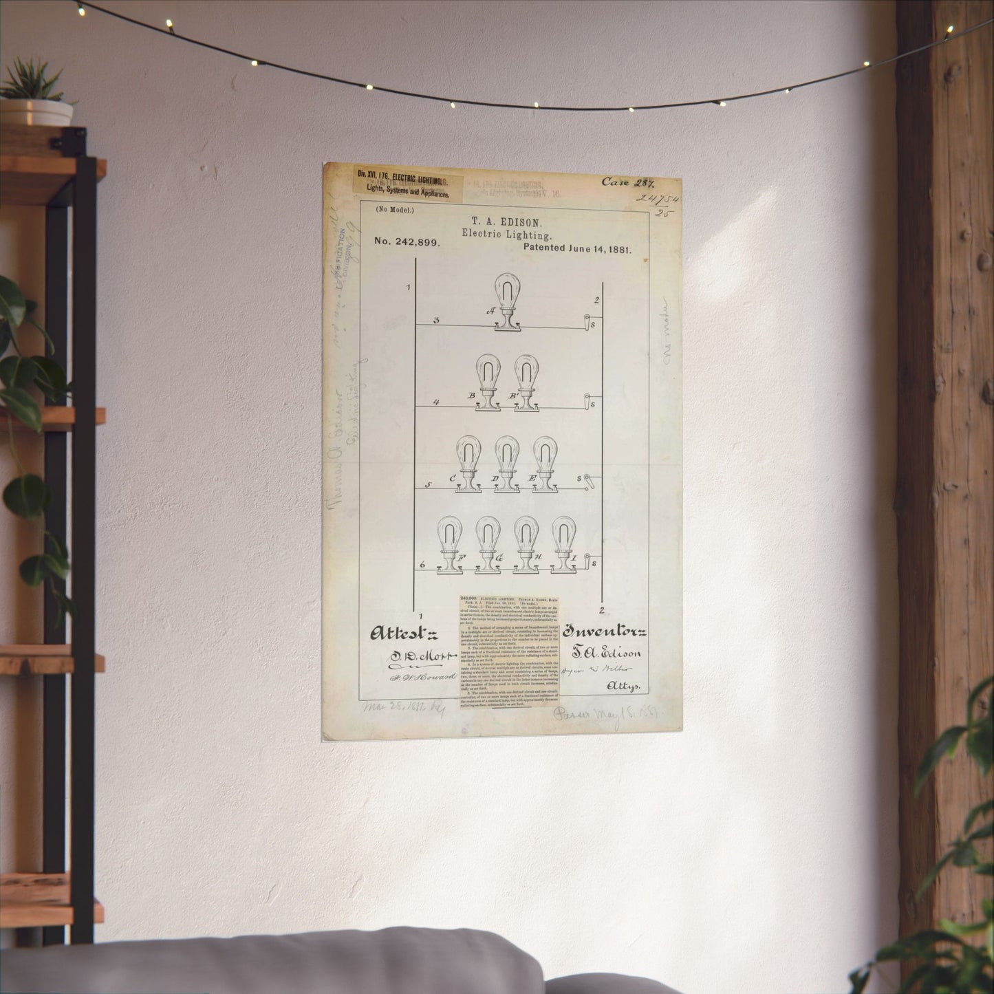 Patent drawing - for T. A. Edison's Electric Lighting Public domain  image High Quality Matte Wall Art Poster for Home, Office, Classroom