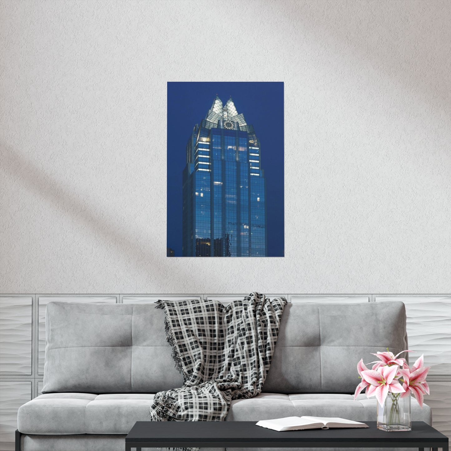 The upper reaches of Frost Bank Tower, a prominent Austin, Texas, skyscraper High Quality Matte Wall Art Poster for Home, Office, Classroom